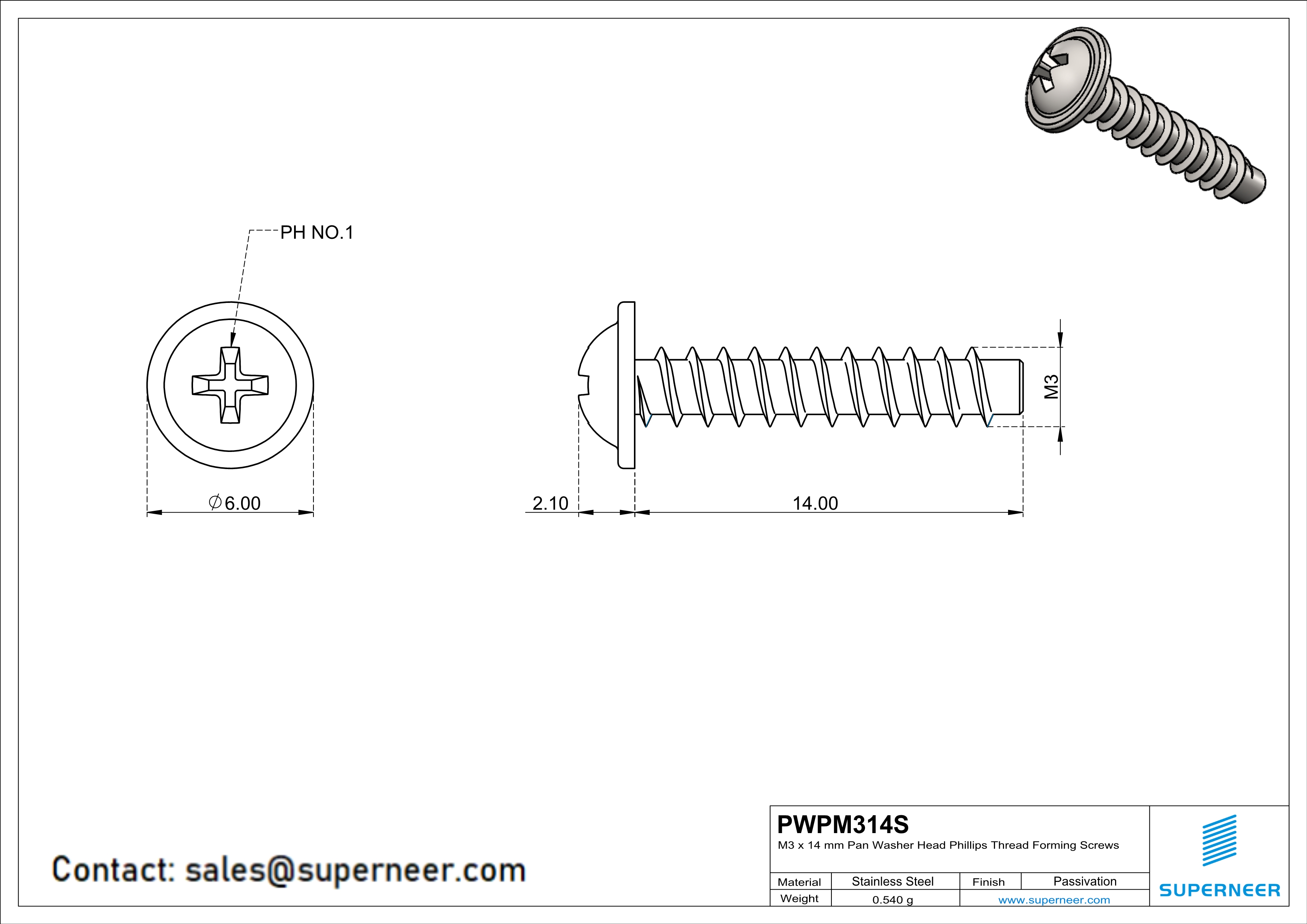 M3 × 14mm  Pan Washer Head Phillips Thread Foming Screws for Plastic SUS304 Stainless Steel Inox