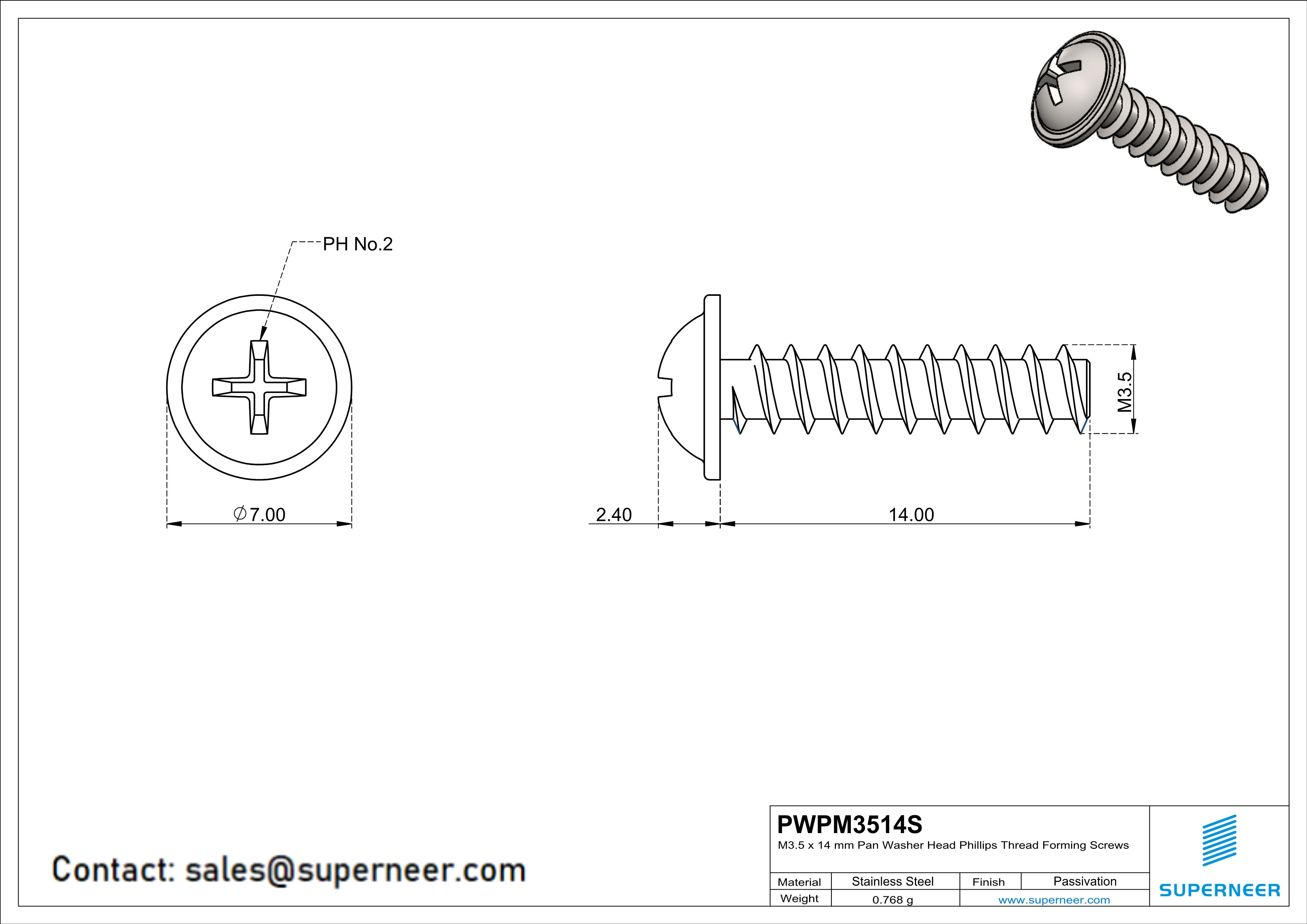 M3.5 × 14mm  Pan Washer Head Phillips Thread Foming Screws for Plastic SUS304 Stainless Steel Inox