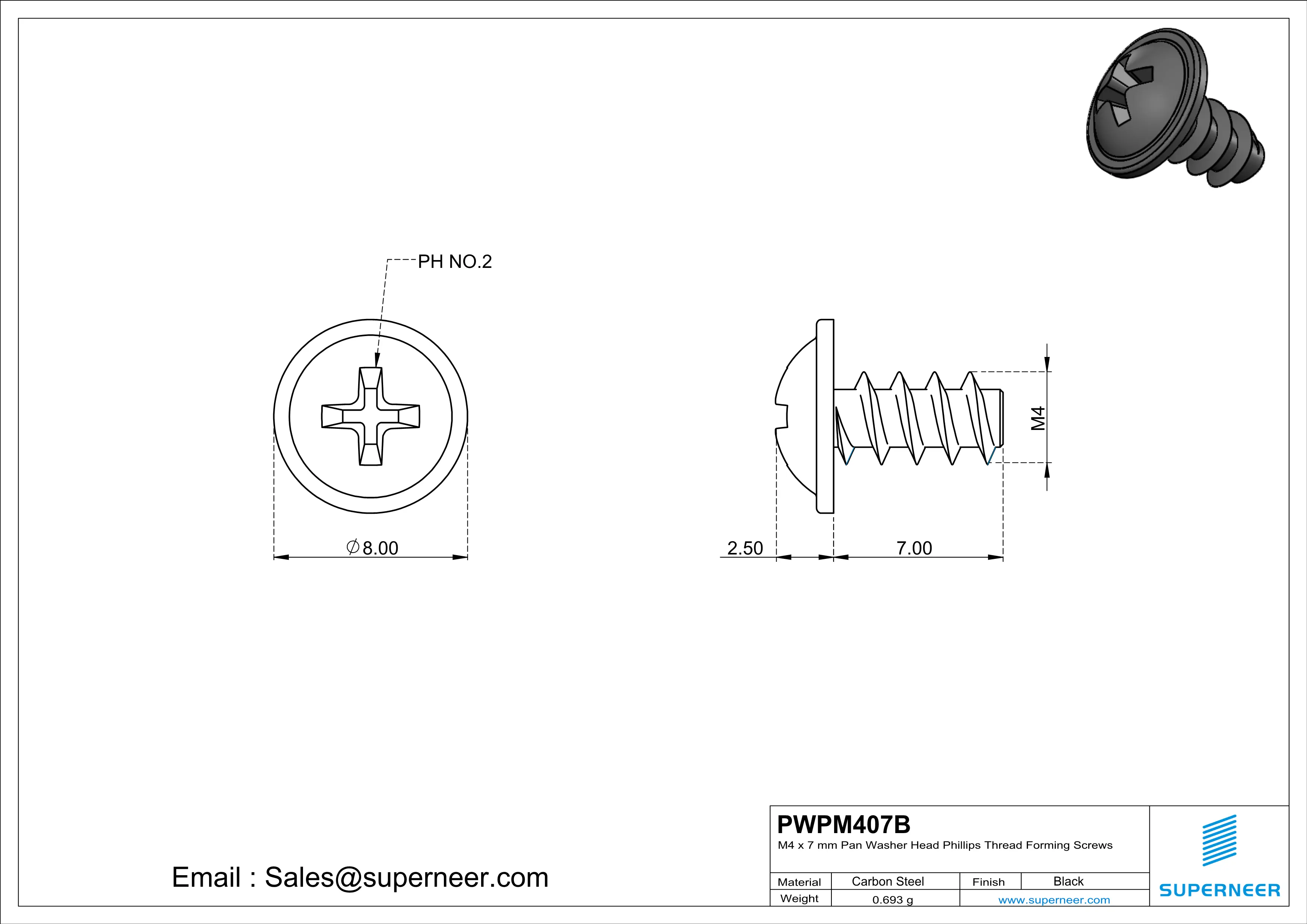 M4 × 7mm  Pan Washer Head Phillips Thread Foming Screws for Plastic   Steel Black