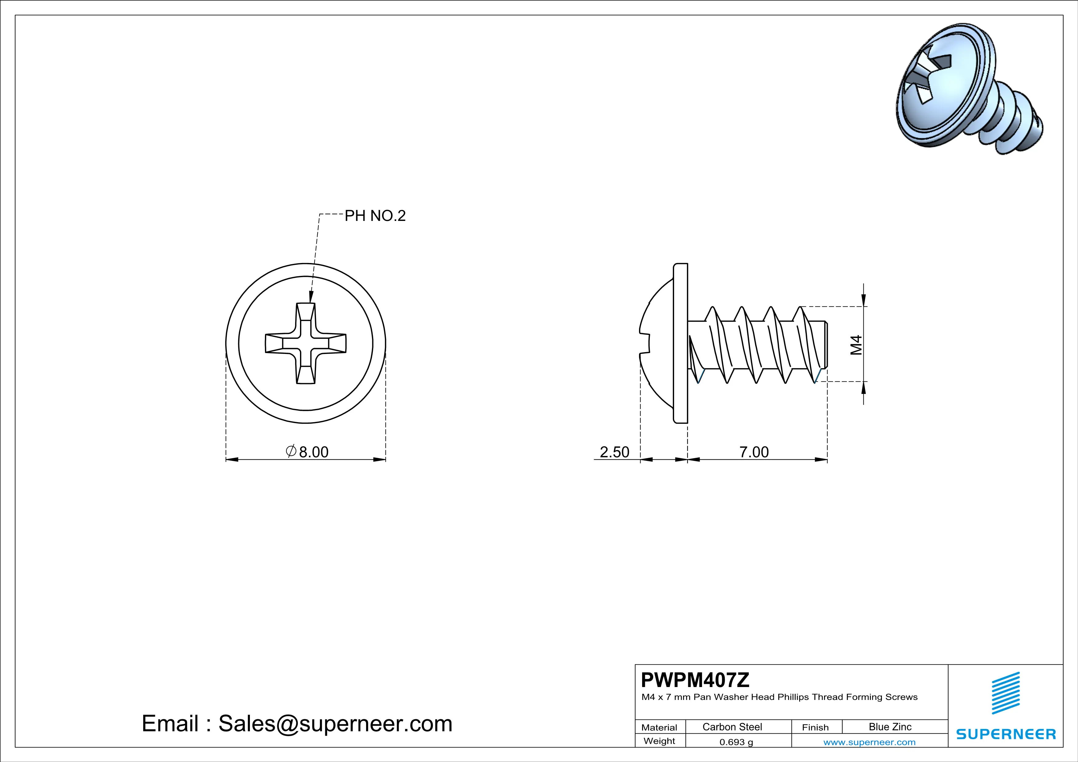 M4 × 7mm  Pan Washer Head Phillips Thread Foming Screws for Plastic   Steel Blue Zinc Plated