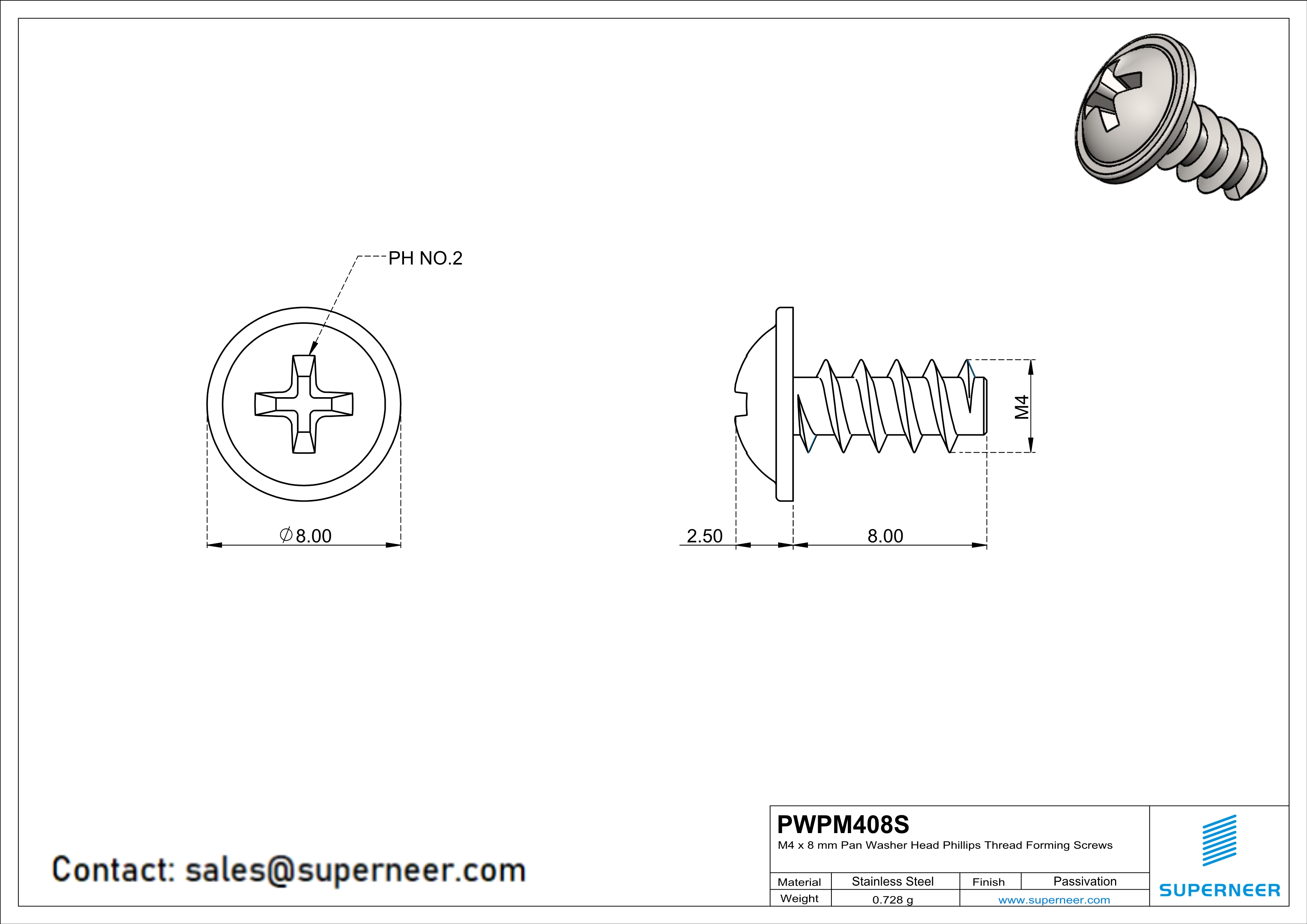 M4 × 8mm  Pan Washer Head Phillips Thread Foming Screws for Plastic SUS304 Stainless Steel Inox