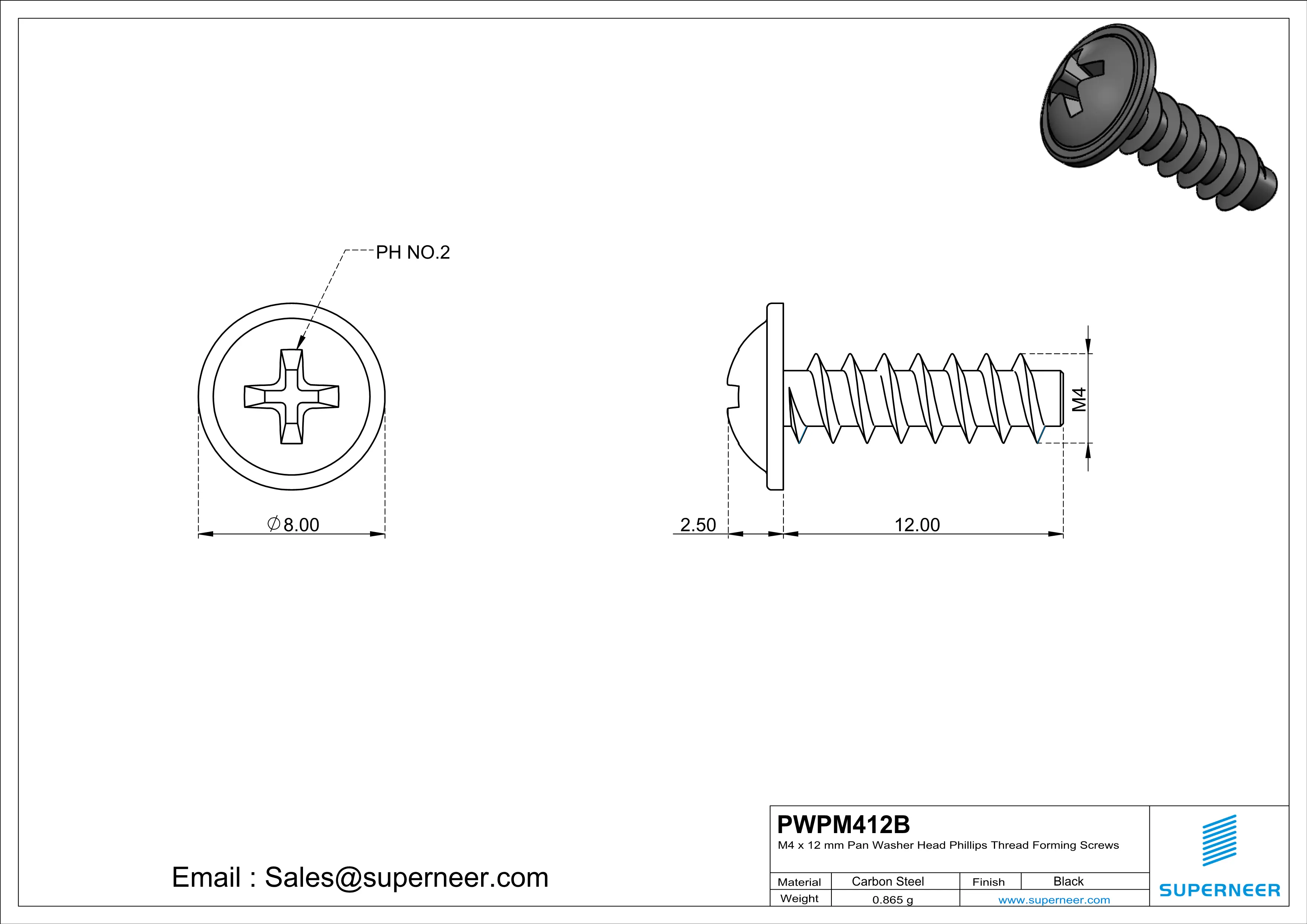 M4 × 12mm  Pan Washer Head Phillips Thread Foming Screws for Plastic   Steel Black