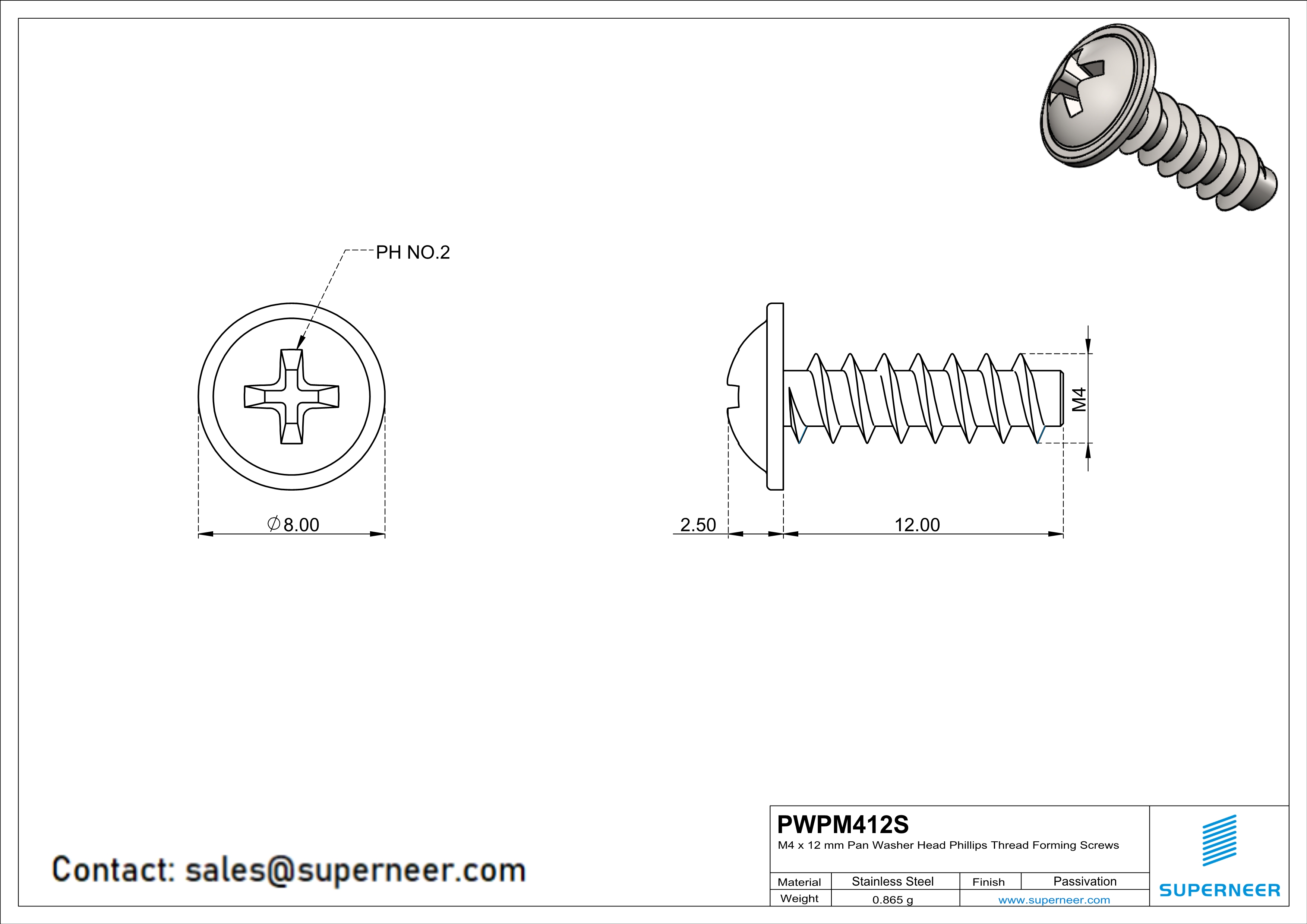 M4 × 12mm  Pan Washer Head Phillips Thread Foming Screws for Plastic SUS304 Stainless Steel Inox