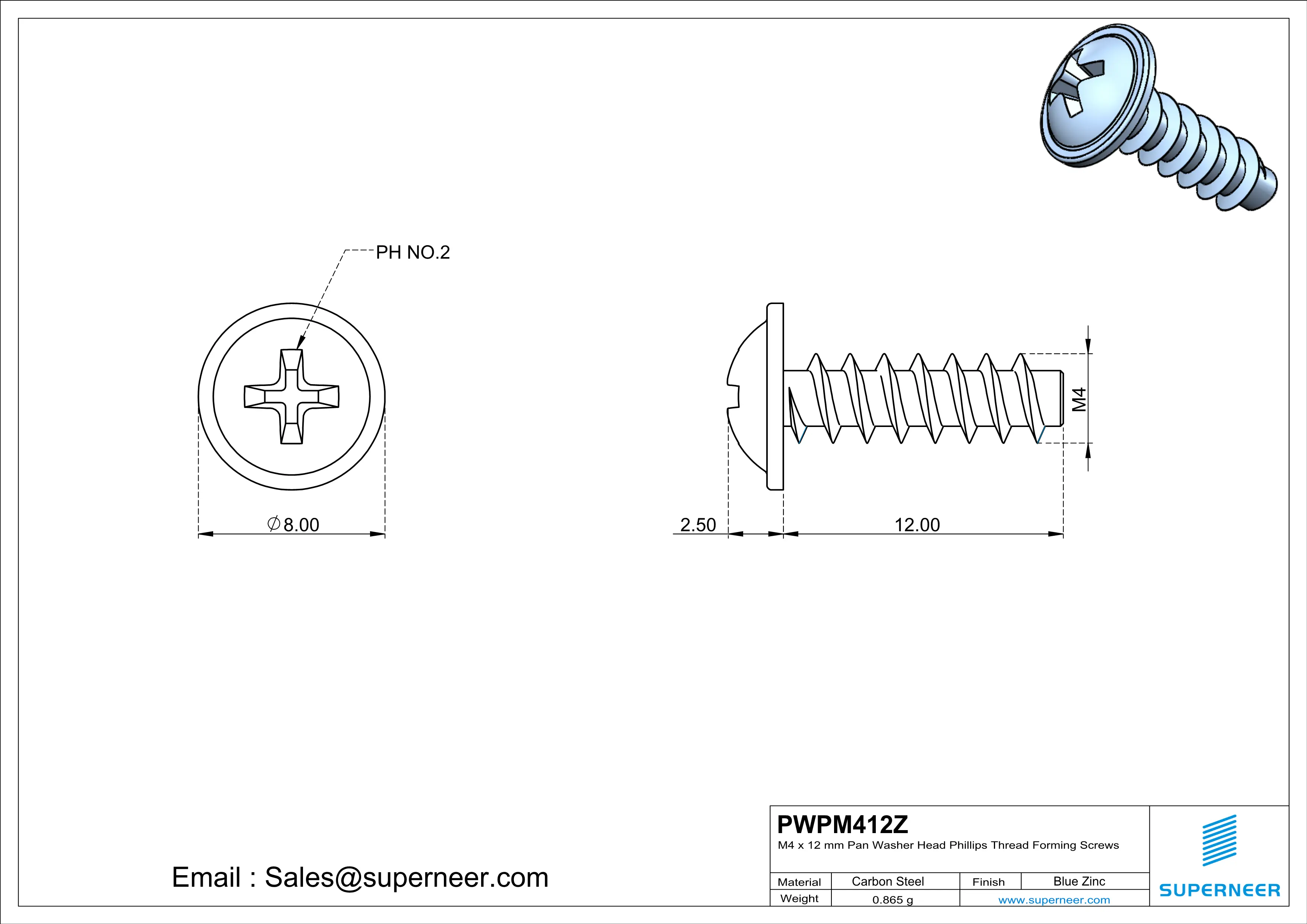 M4 × 12mm  Pan Washer Head Phillips Thread Foming Screws for Plastic   Steel Blue Zinc Plated