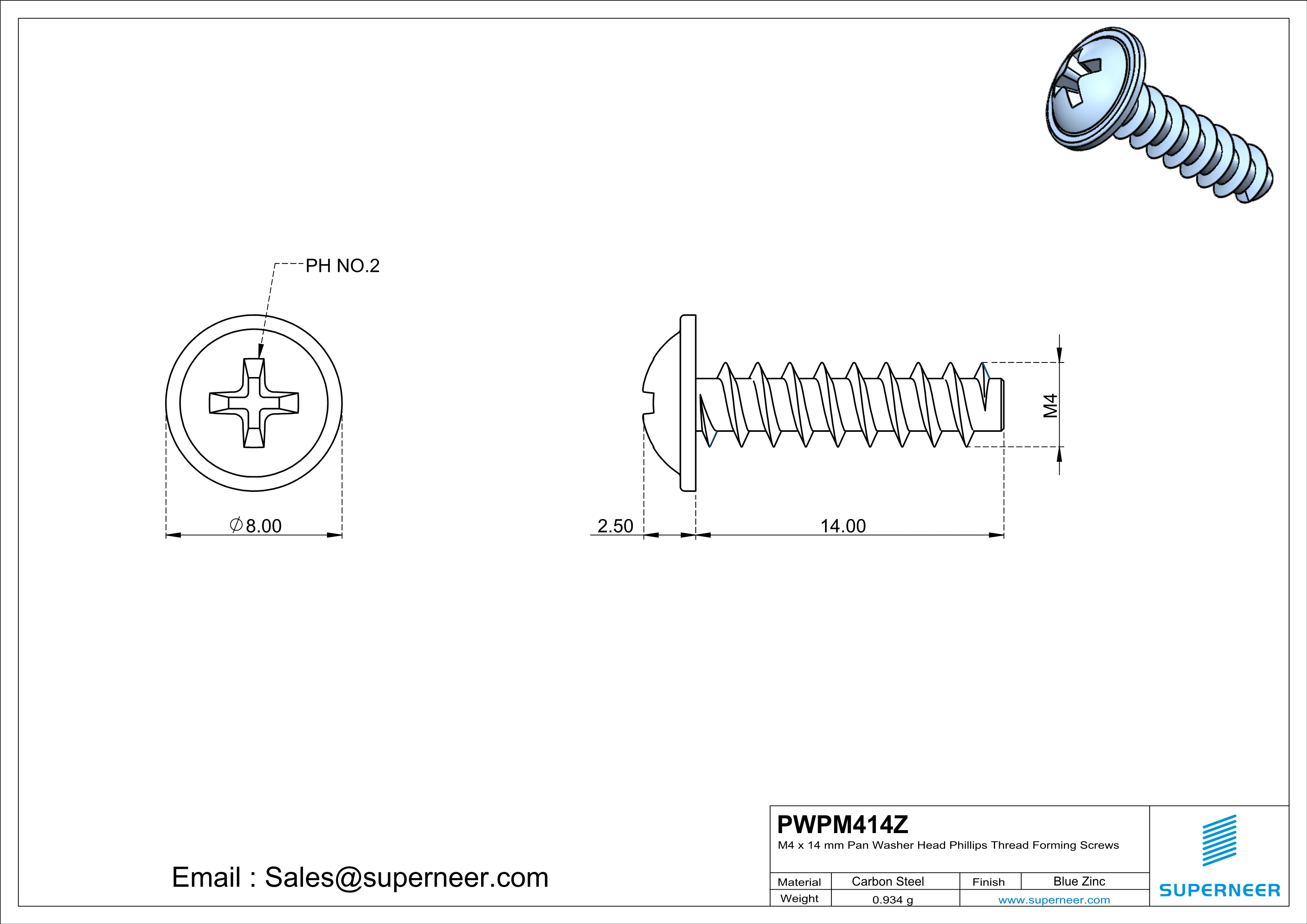 M4 × 14mm  Pan Washer Head Phillips Thread Foming Screws for Plastic   Steel Blue Zinc Plated