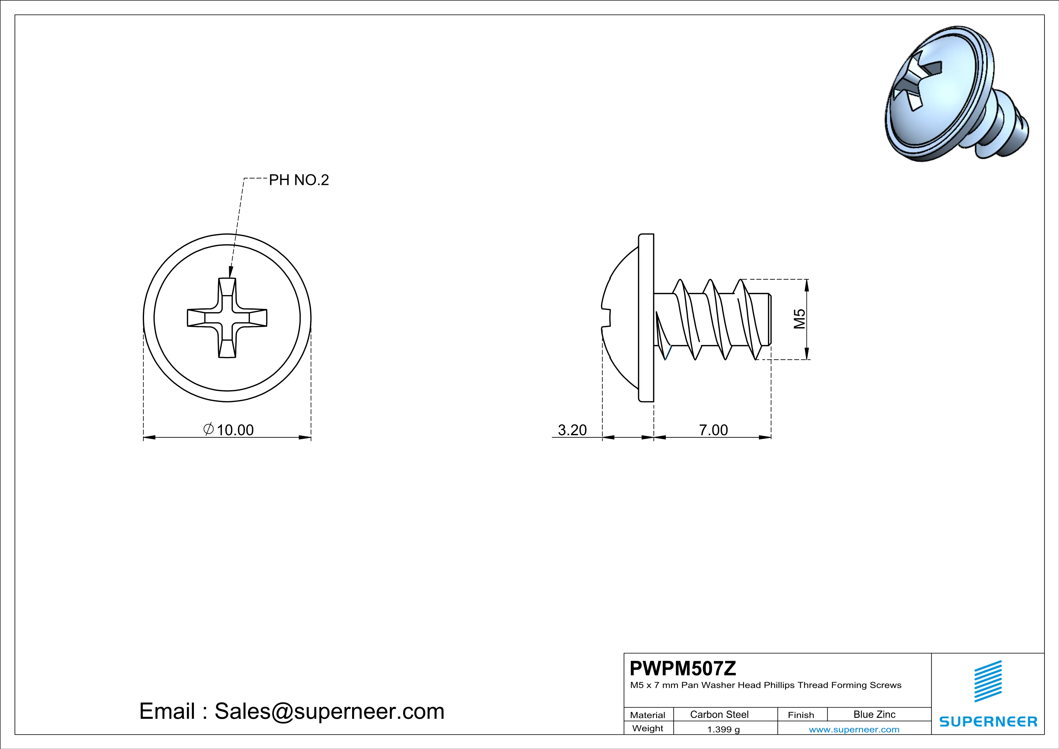 M5 × 7mm  Pan Washer Head Phillips Thread Foming Screws for Plastic   Steel Blue Zinc Plated