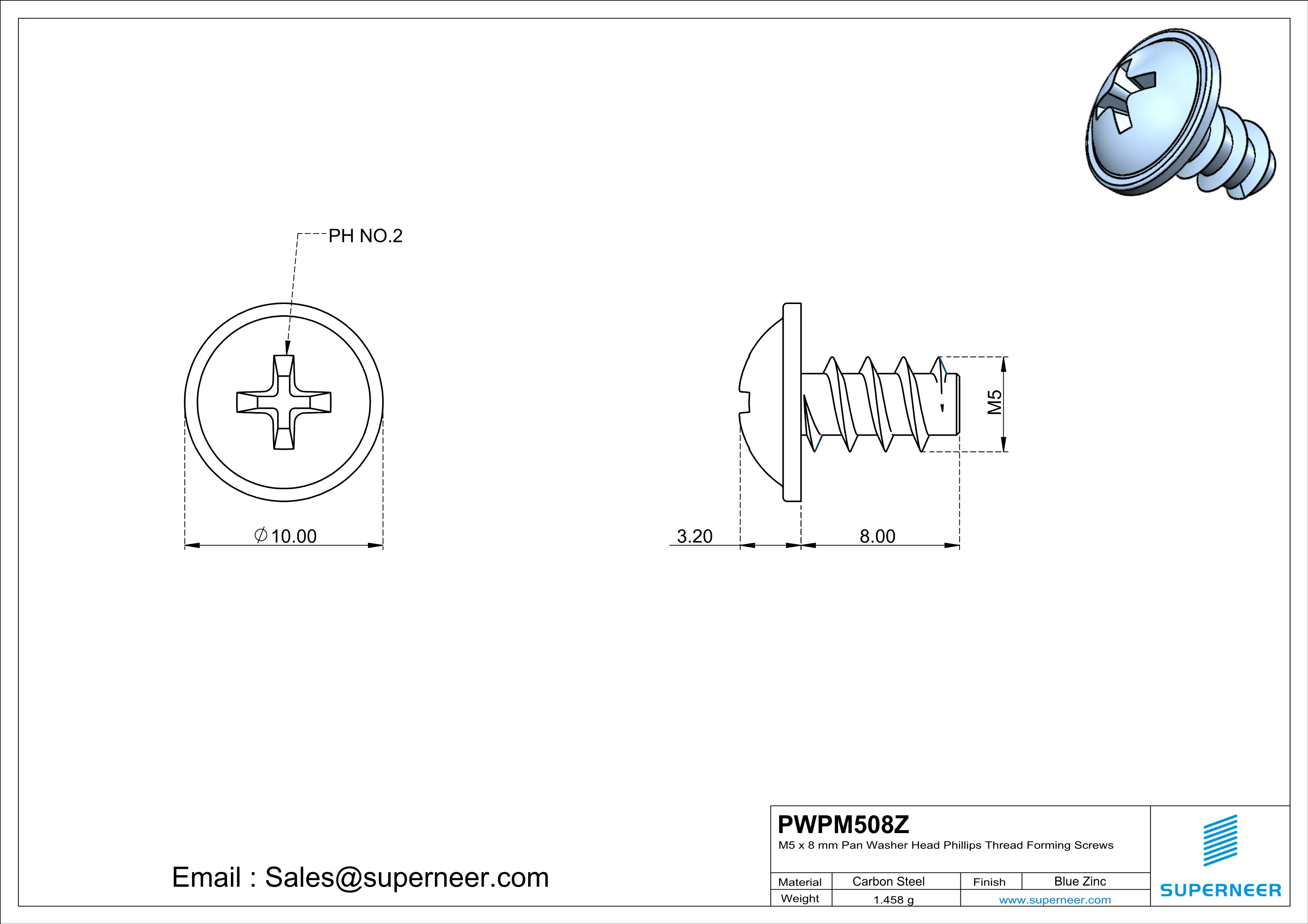 M5 × 8mm  Pan Washer Head Phillips Thread Foming Screws for Plastic   Steel Blue Zinc Plated