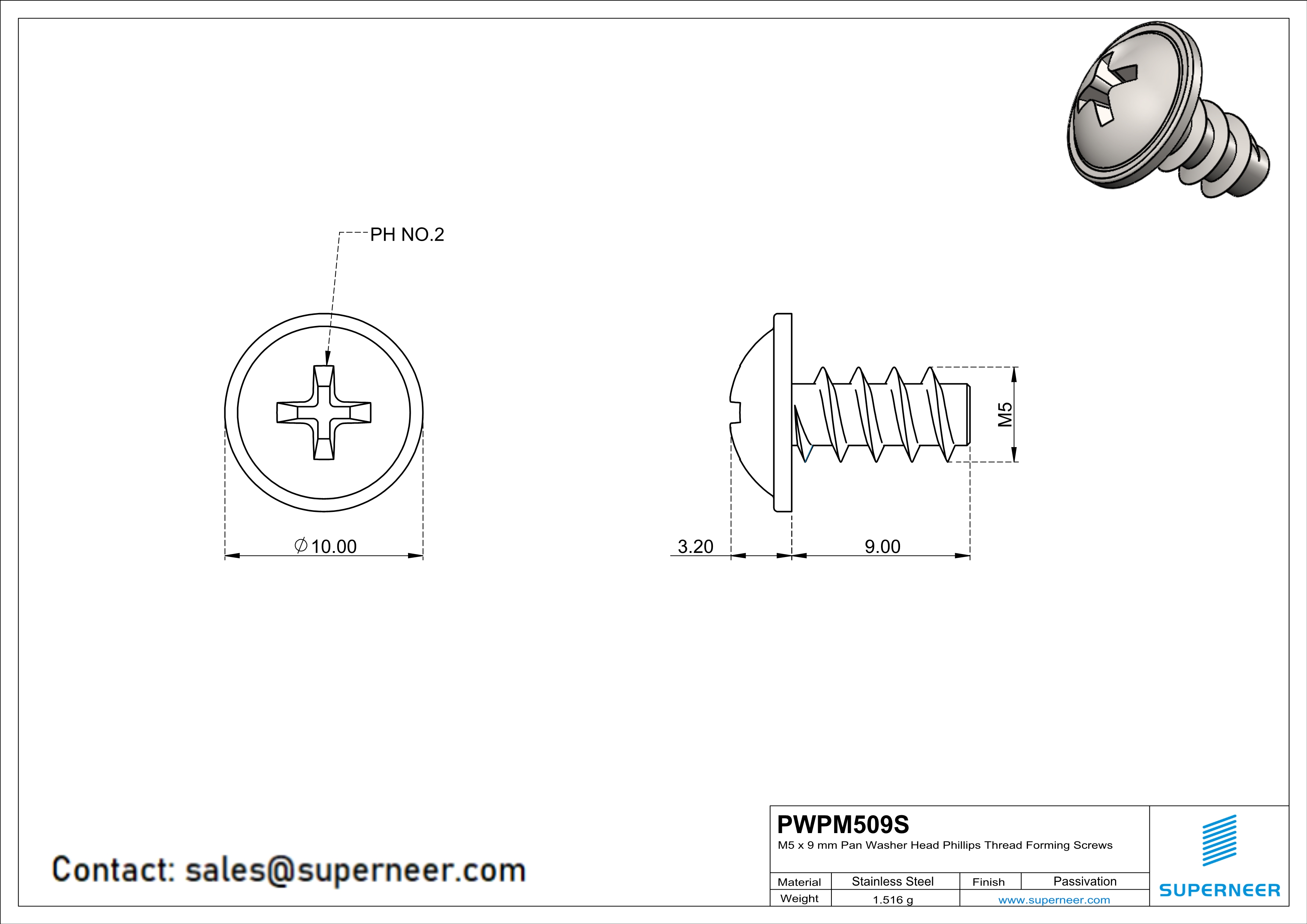 M5 × 9mm  Pan Washer Head Phillips Thread Foming Screws for Plastic SUS304 Stainless Steel Inox