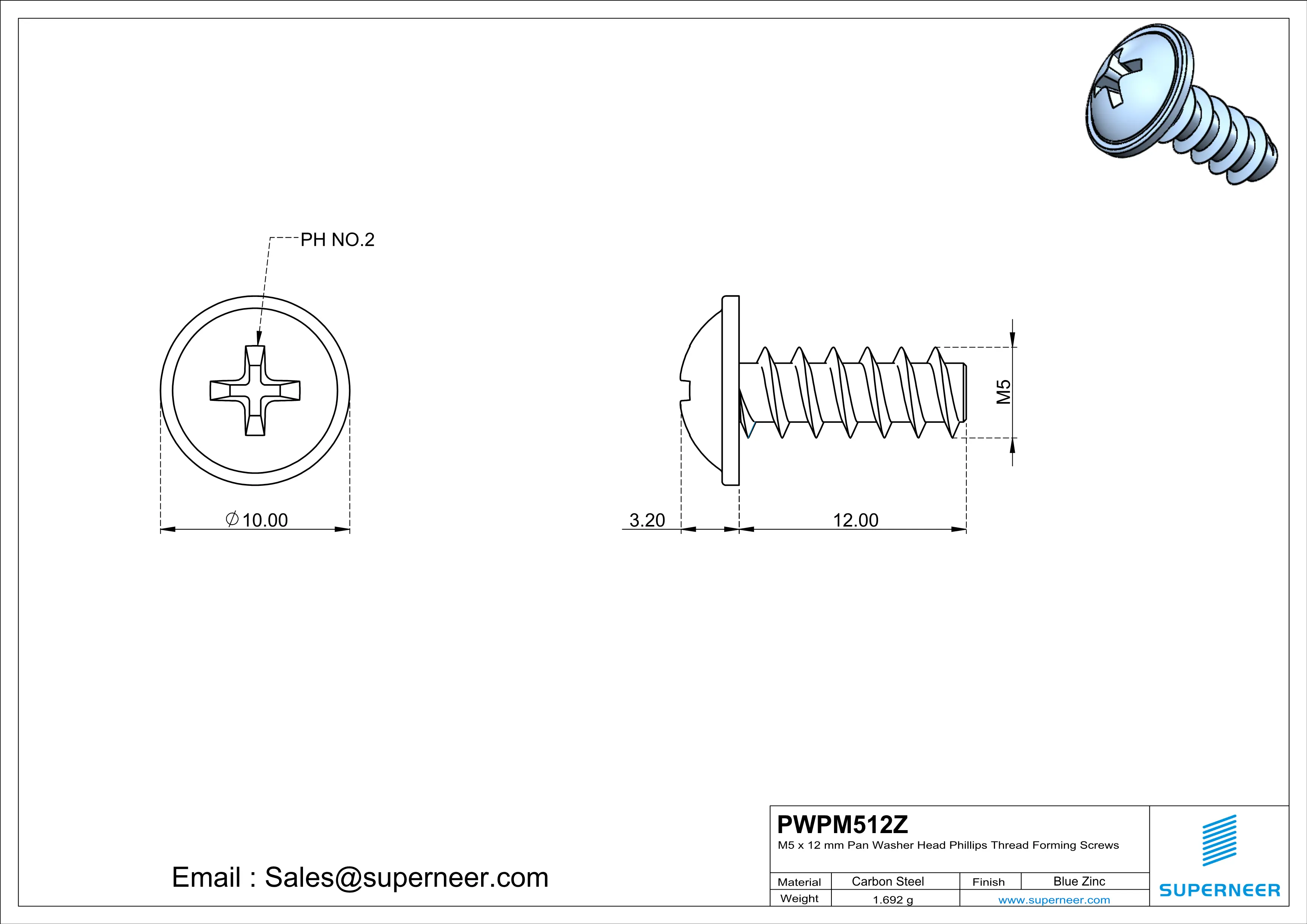 M5 × 12mm  Pan Washer Head Phillips Thread Foming Screws for Plastic   Steel Blue Zinc Plated