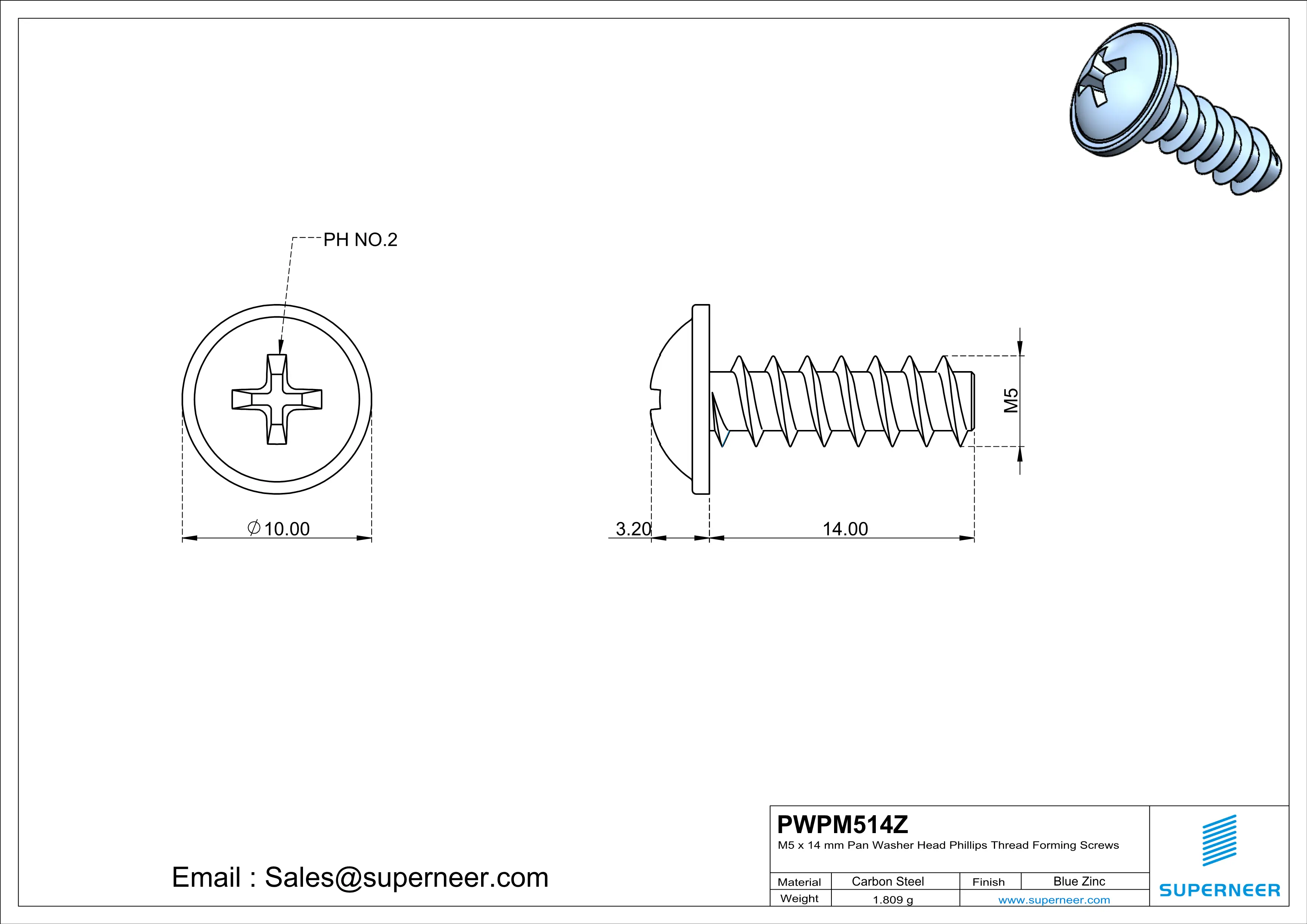 M5 × 14mm  Pan Washer Head Phillips Thread Foming Screws for Plastic   Steel Blue Zinc Plated