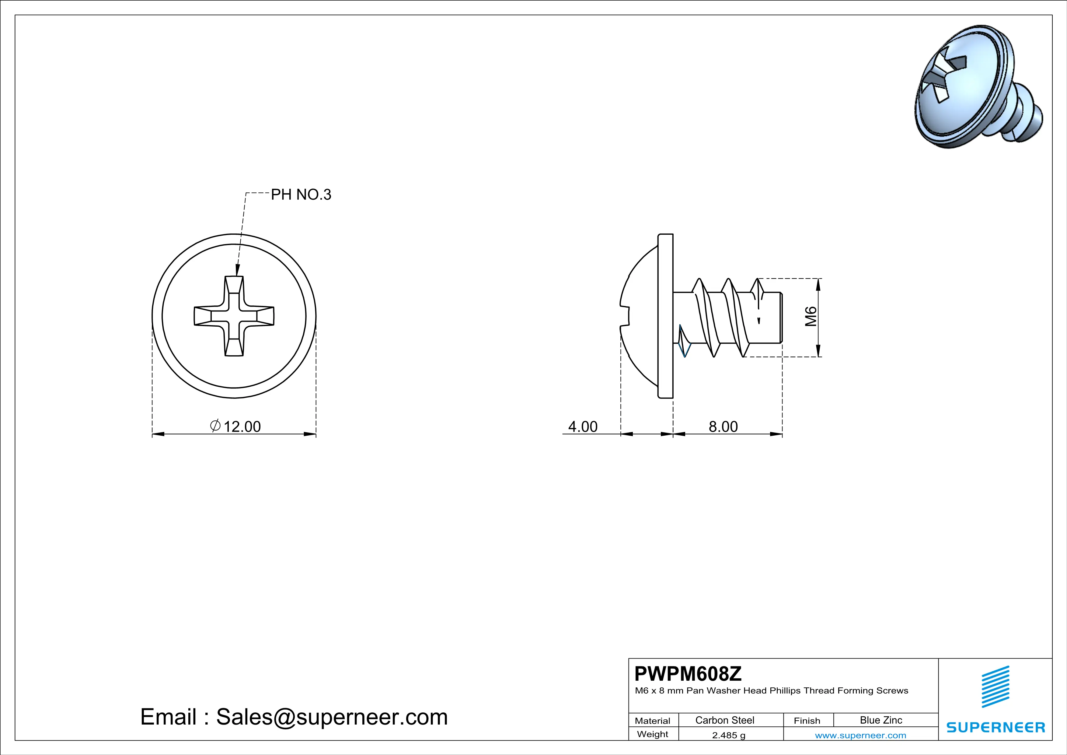 M6 × 8mm  Pan Washer Head Phillips Thread Foming Screws for Plastic   Steel Blue Zinc Plated