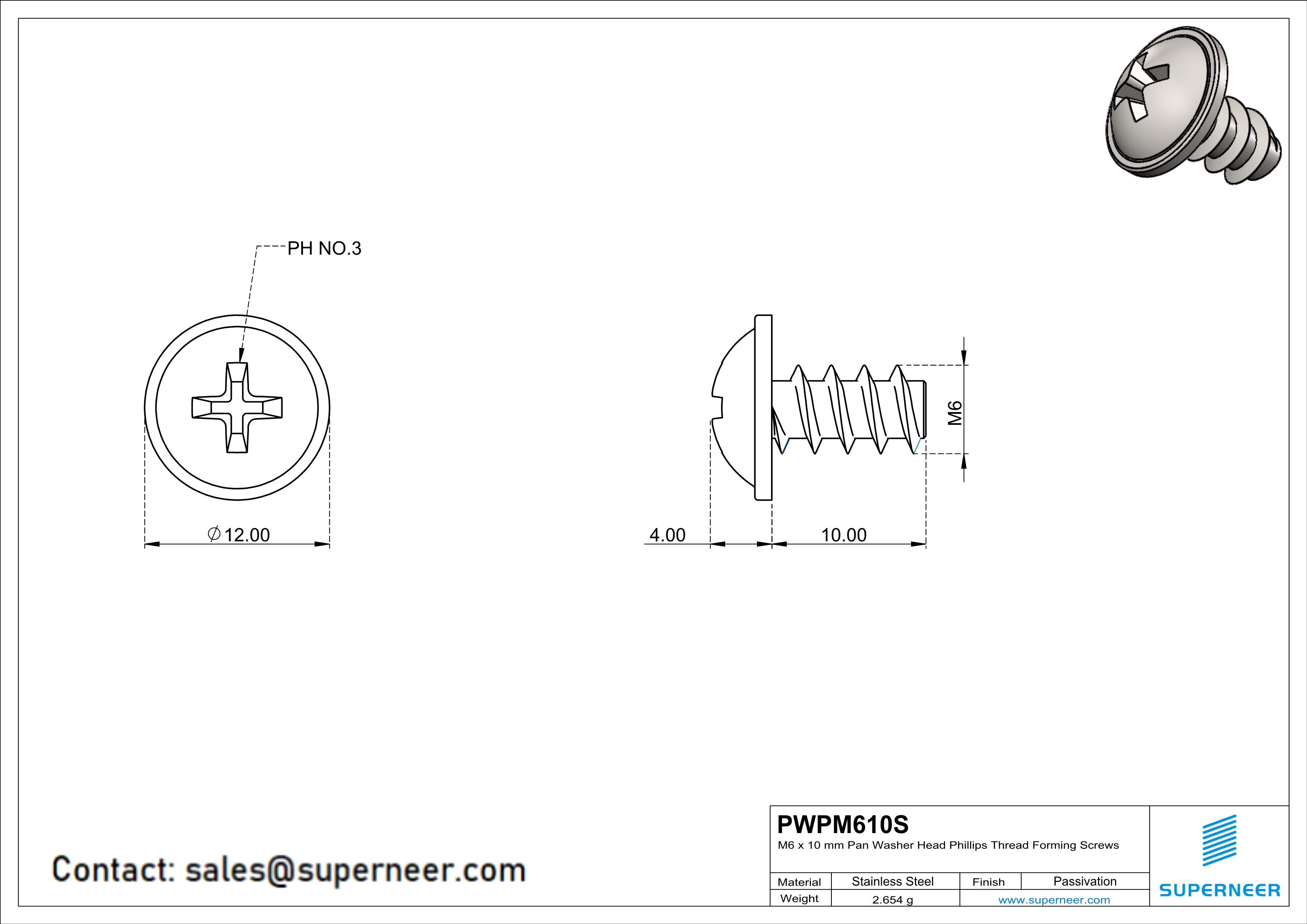 M6 × 10mm  Pan Washer Head Phillips Thread Foming Screws for Plastic SUS304 Stainless Steel Inox