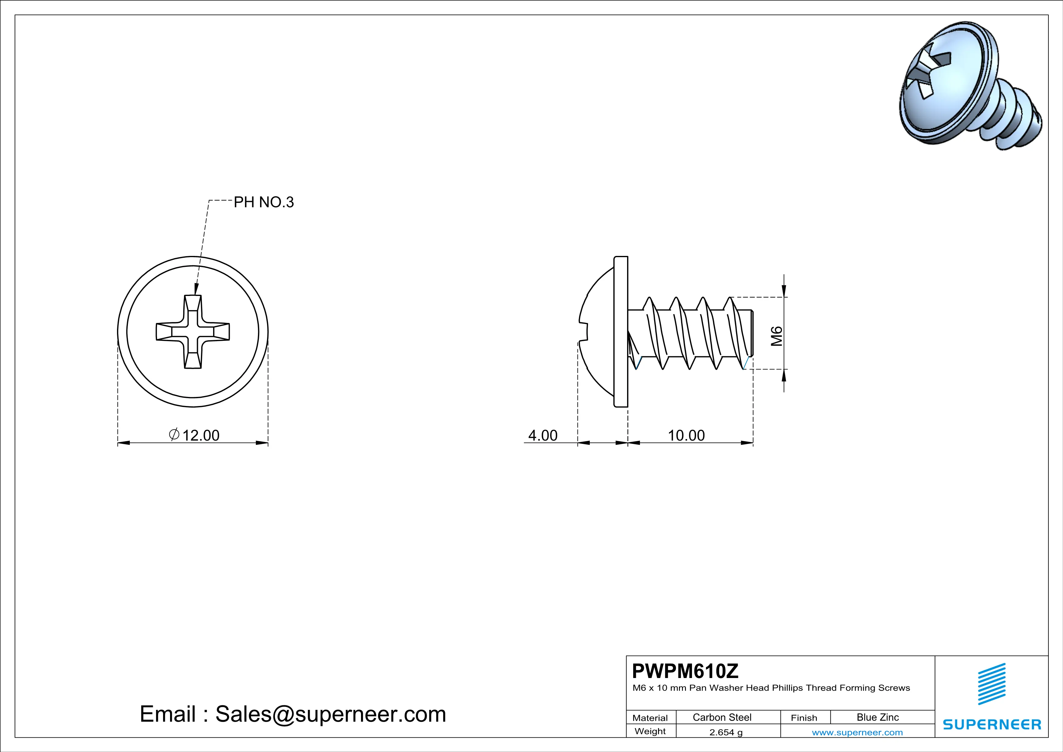 M6 × 10mm  Pan Washer Head Phillips Thread Foming Screws for Plastic   Steel Blue Zinc Plated