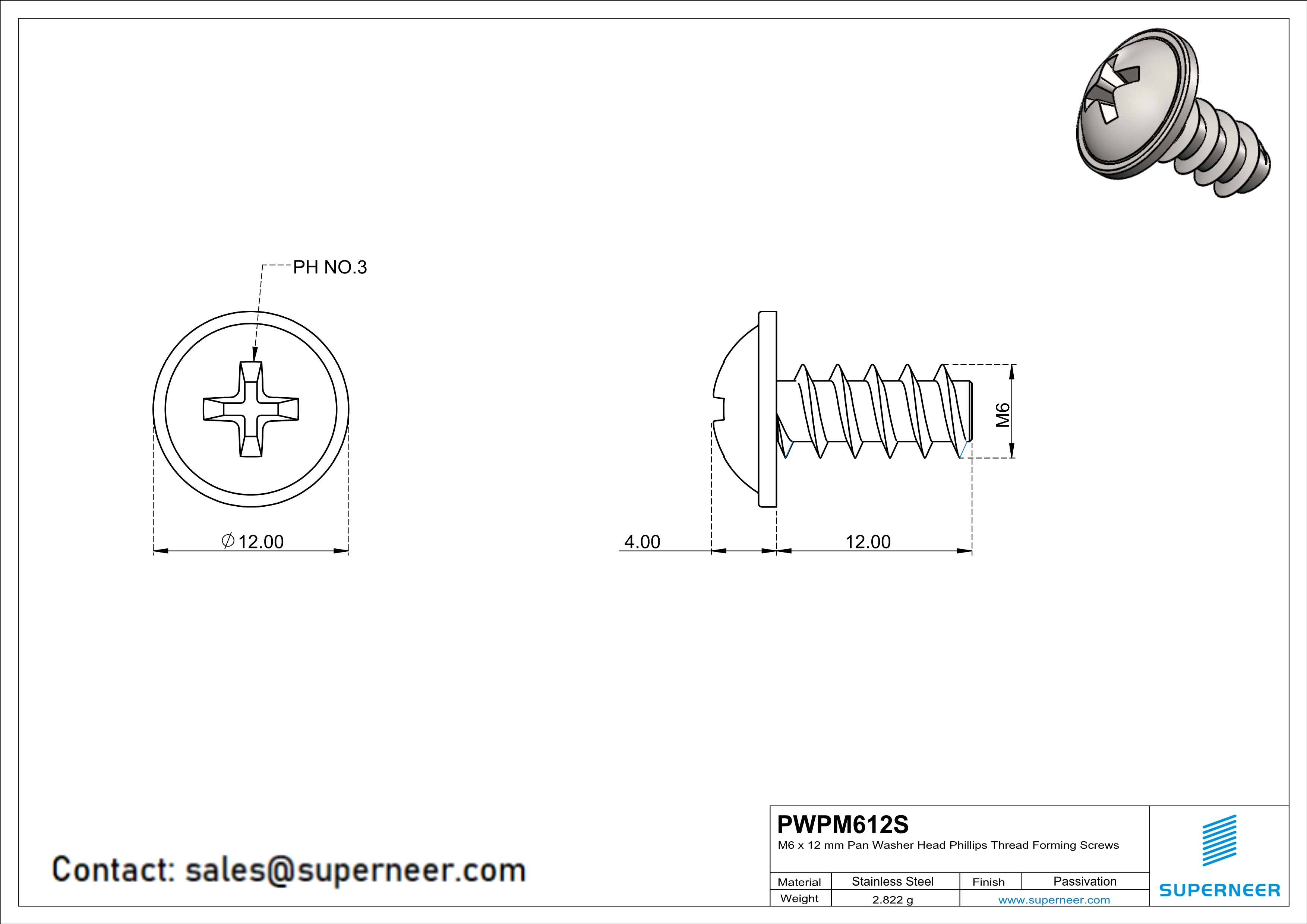 M6 × 12mm  Pan Washer Head Phillips Thread Foming Screws for Plastic SUS304 Stainless Steel Inox