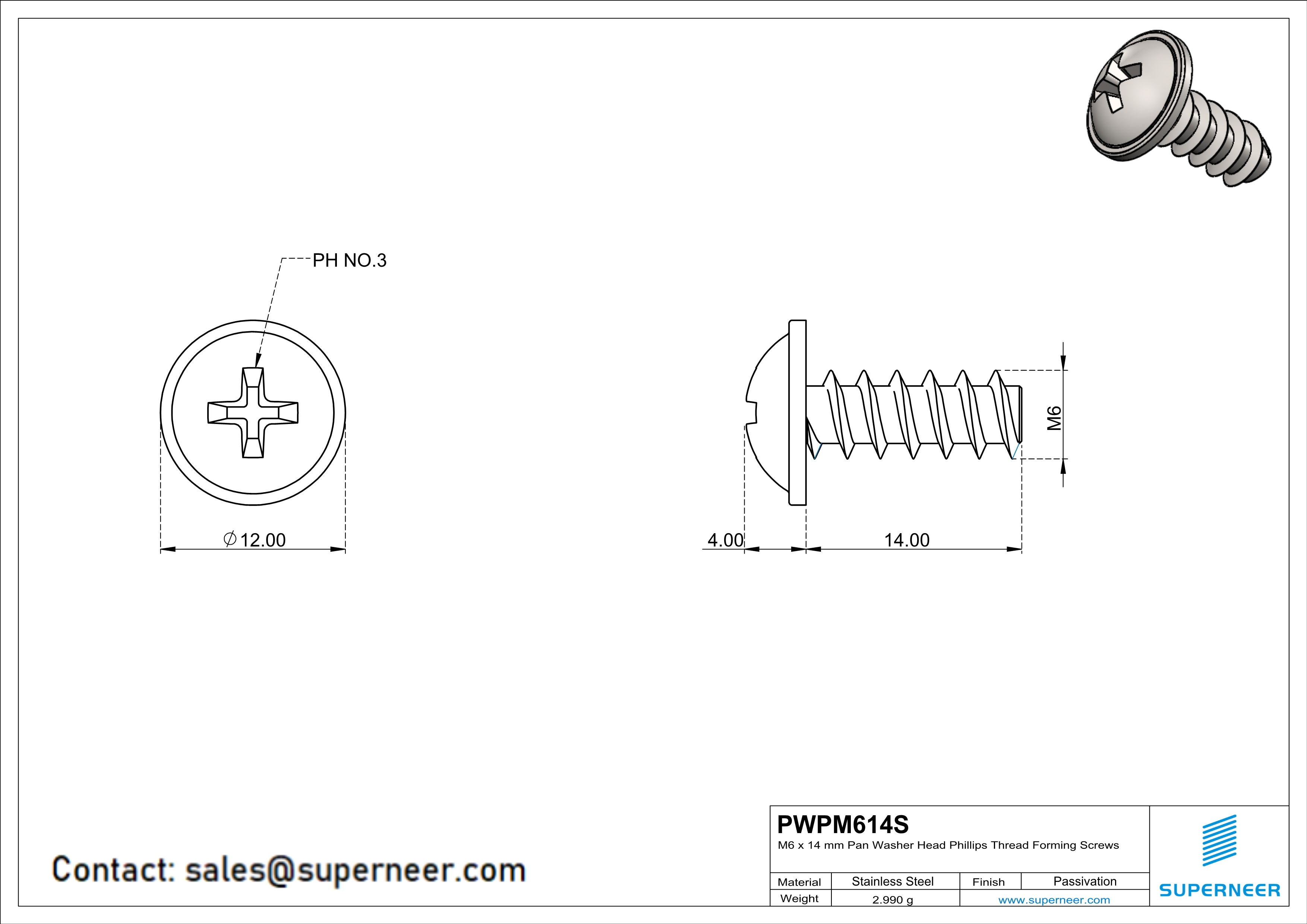 M6 × 14mm  Pan Washer Head Phillips Thread Foming Screws for Plastic SUS304 Stainless Steel Inox