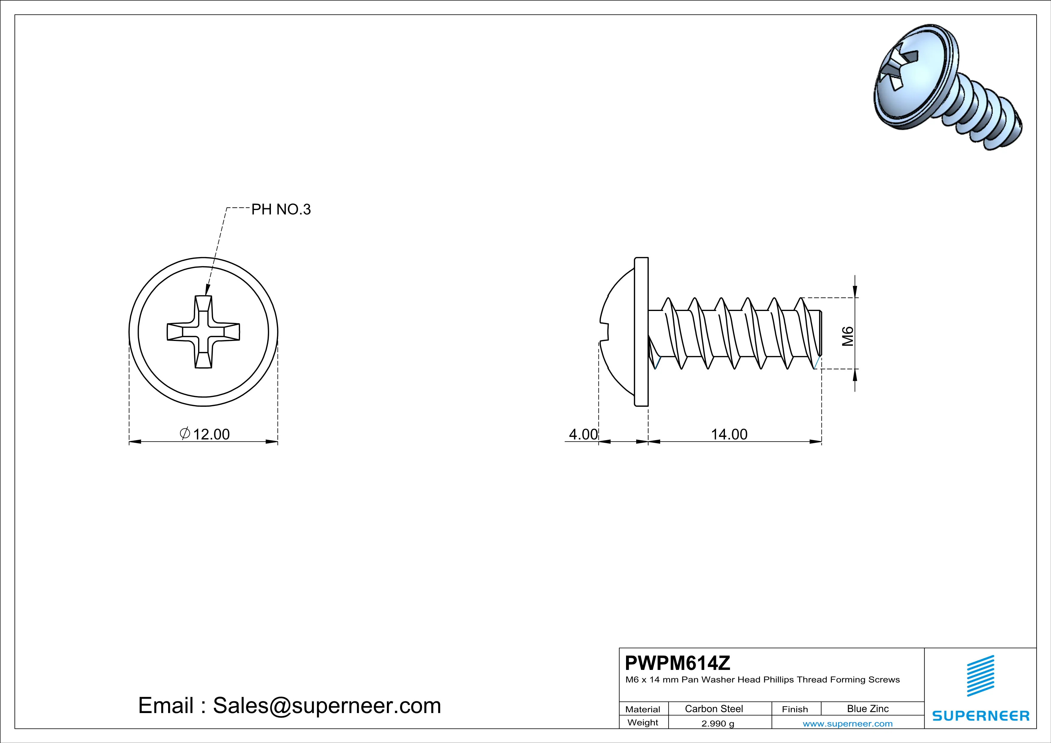 M6 × 14mm  Pan Washer Head Phillips Thread Foming Screws for Plastic   Steel Blue Zinc Plated