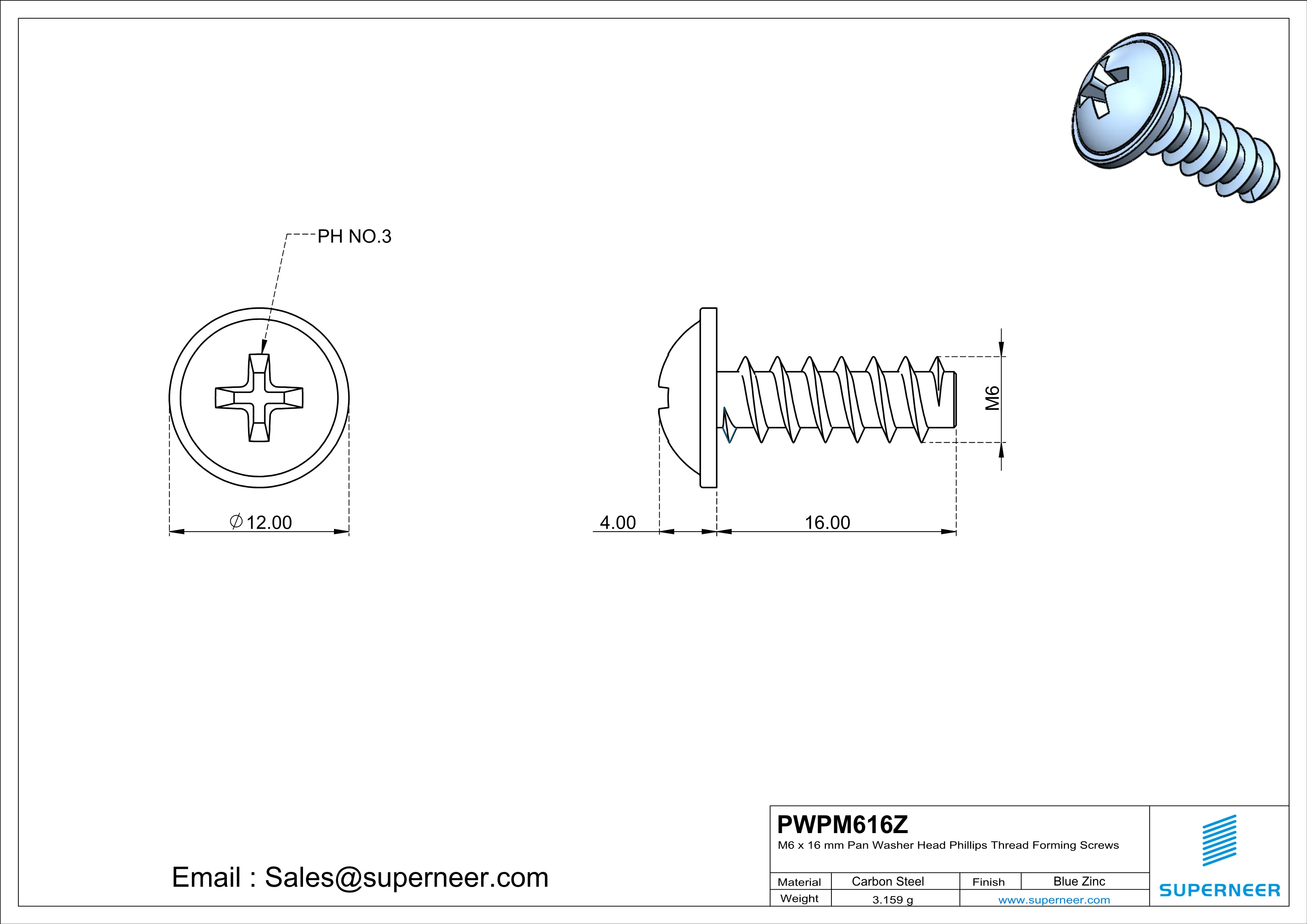 M6 × 16mm  Pan Washer Head Phillips Thread Foming Screws for Plastic   Steel Blue Zinc Plated