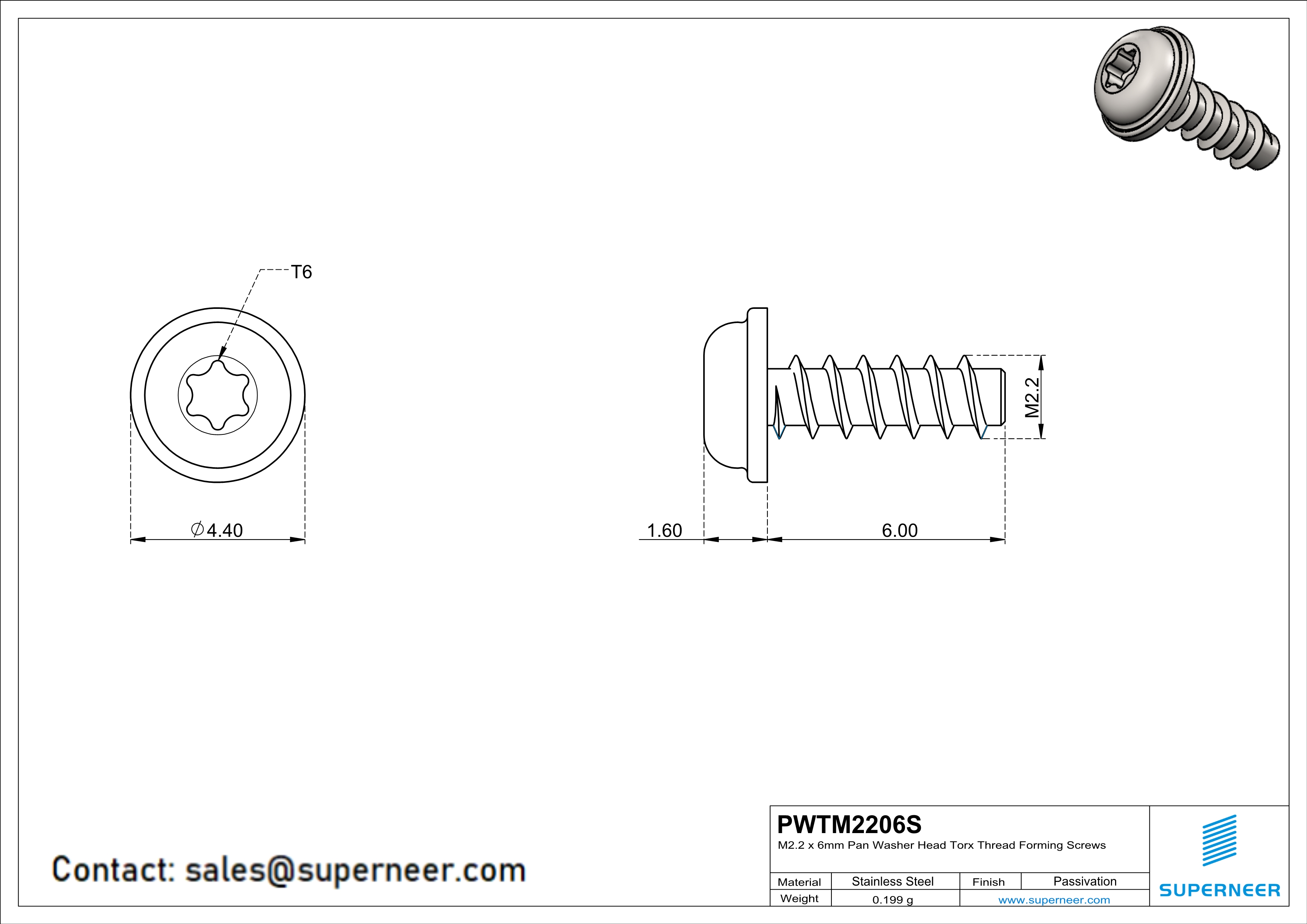 M2.2 × 6mm  Pan Washer Head Torx Thread Foming Screws for Plastic SUS304 Stainless Steel Inox