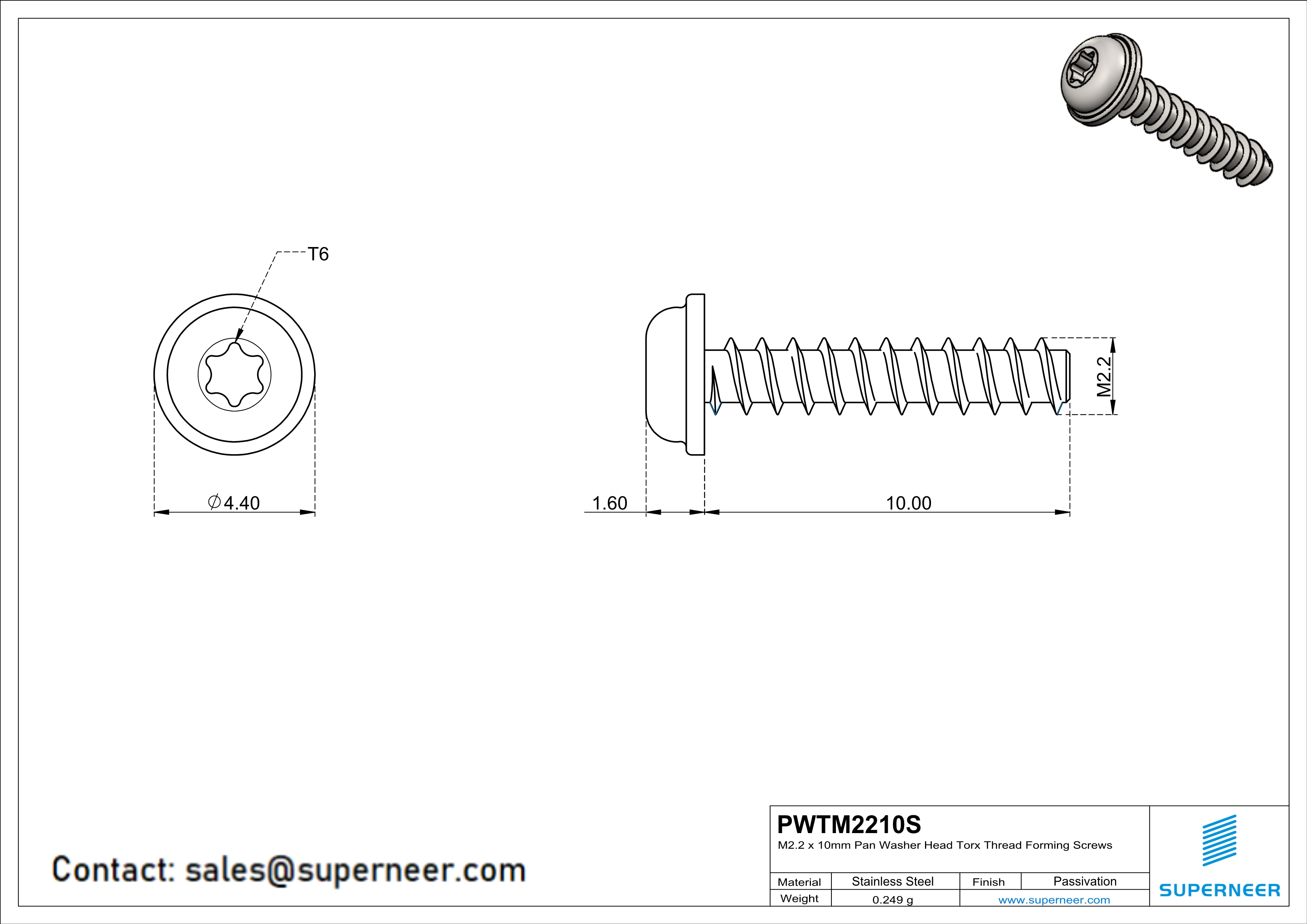 M2.2 × 10mm  Pan Washer Head Torx Thread Foming Screws for Plastic SUS304 Stainless Steel Inox