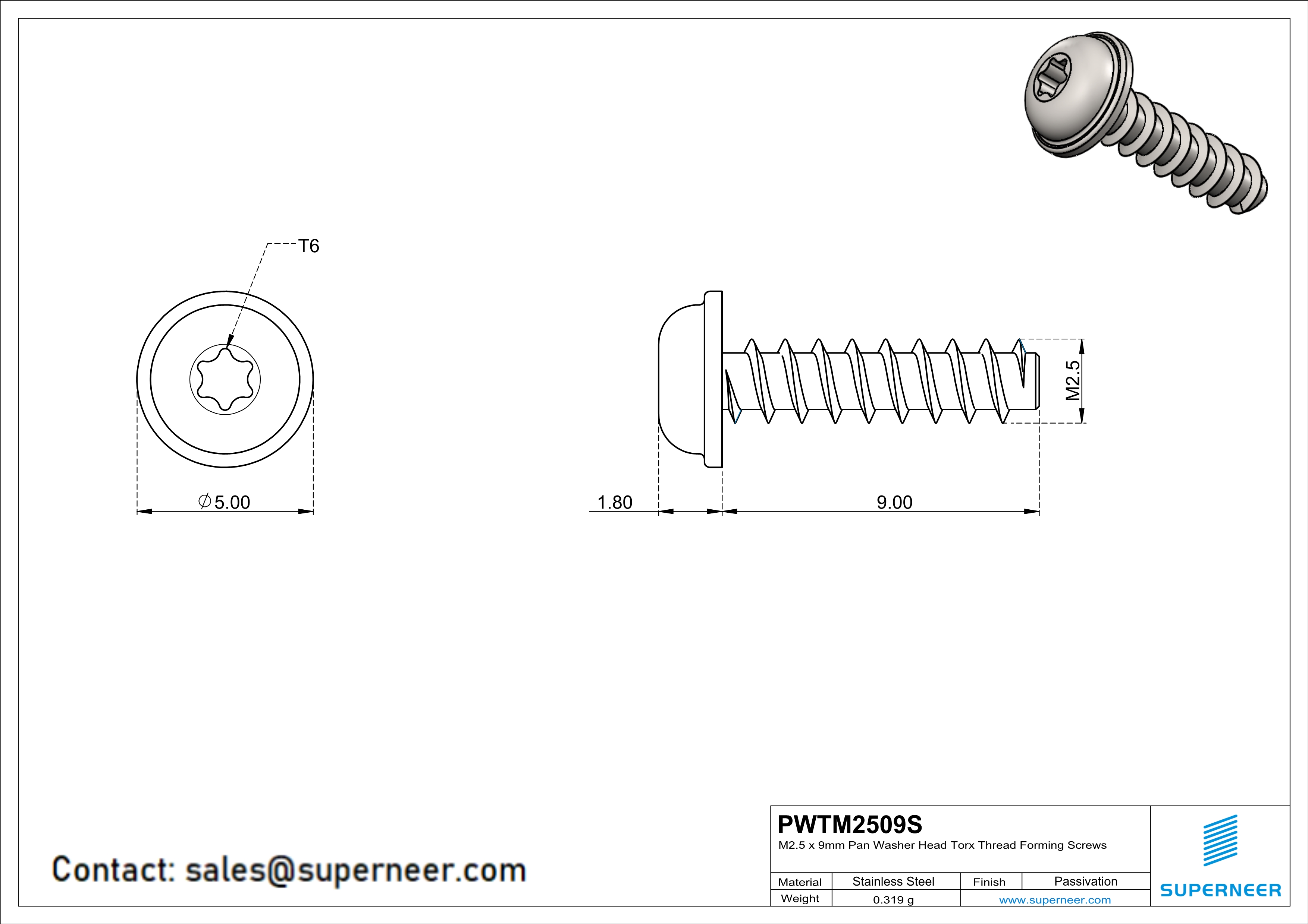 M2.5 × 9mm  Pan Washer Head Torx Thread Foming Screws for Plastic SUS304 Stainless Steel Inox