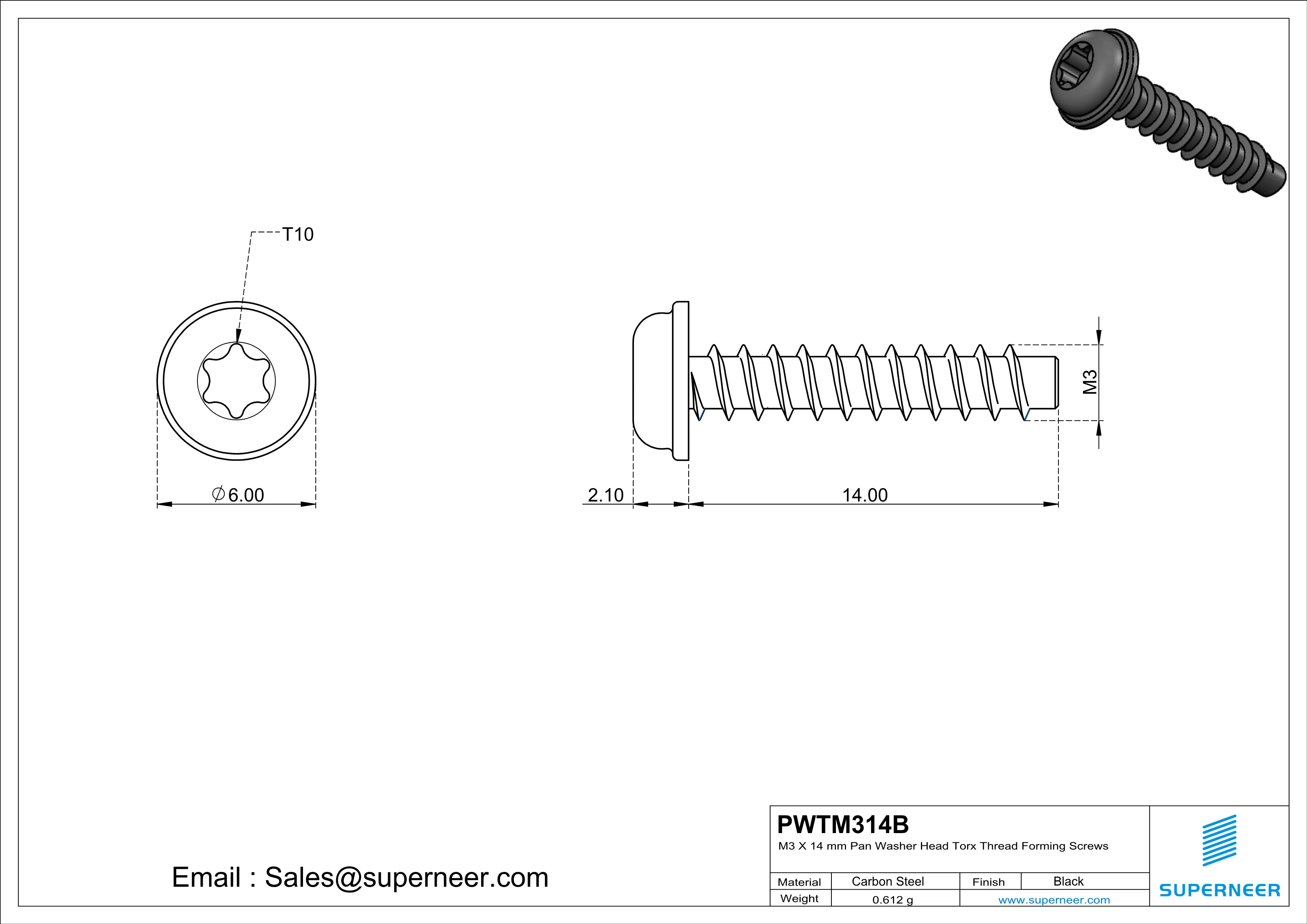 M3 × 14mm  Pan Washer Head Torx Thread Foming Screws for Plastic   Steel Black