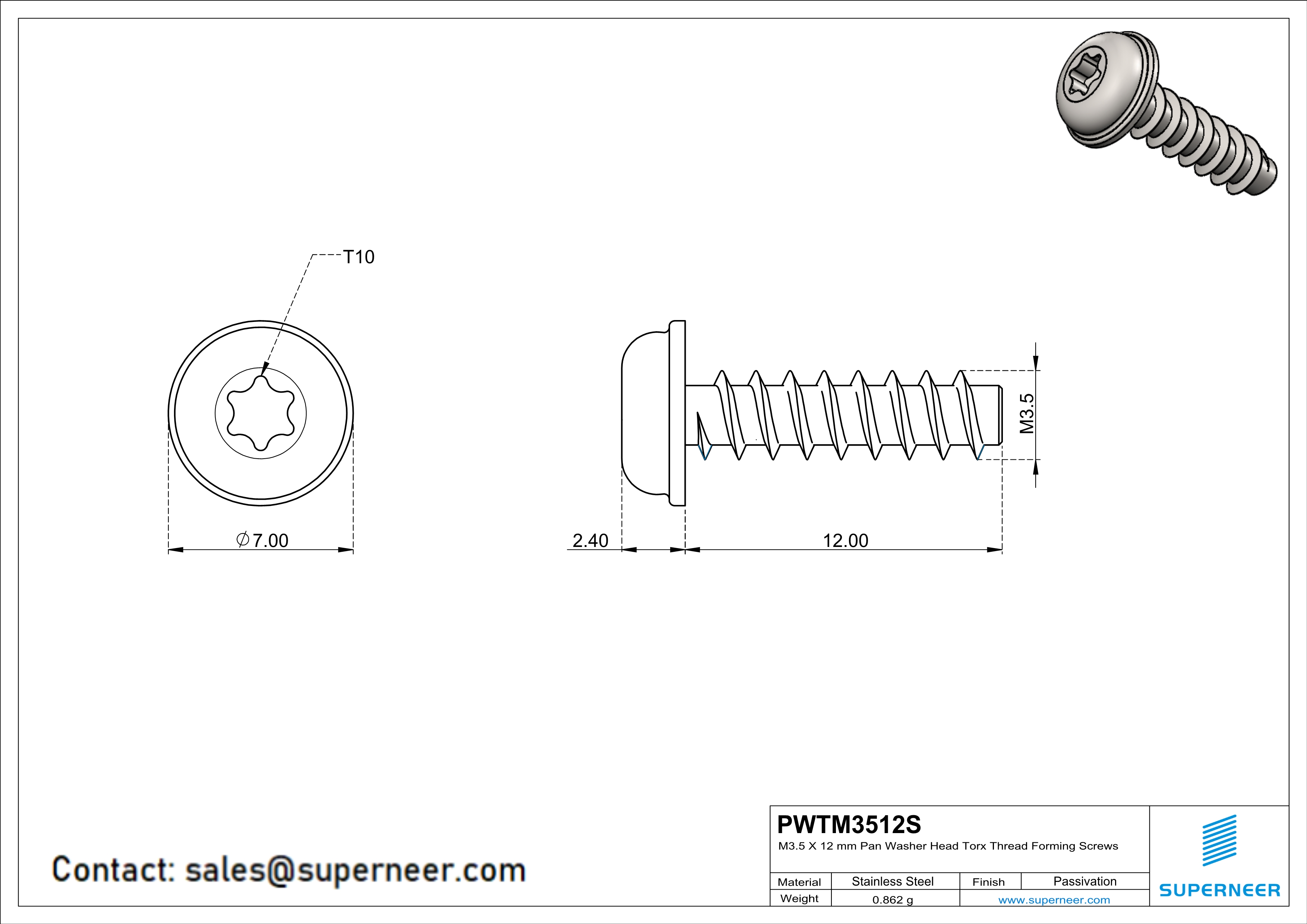 M3.5 × 12mm  Pan Washer Head Torx Thread Foming Screws for Plastic SUS304 Stainless Steel Inox