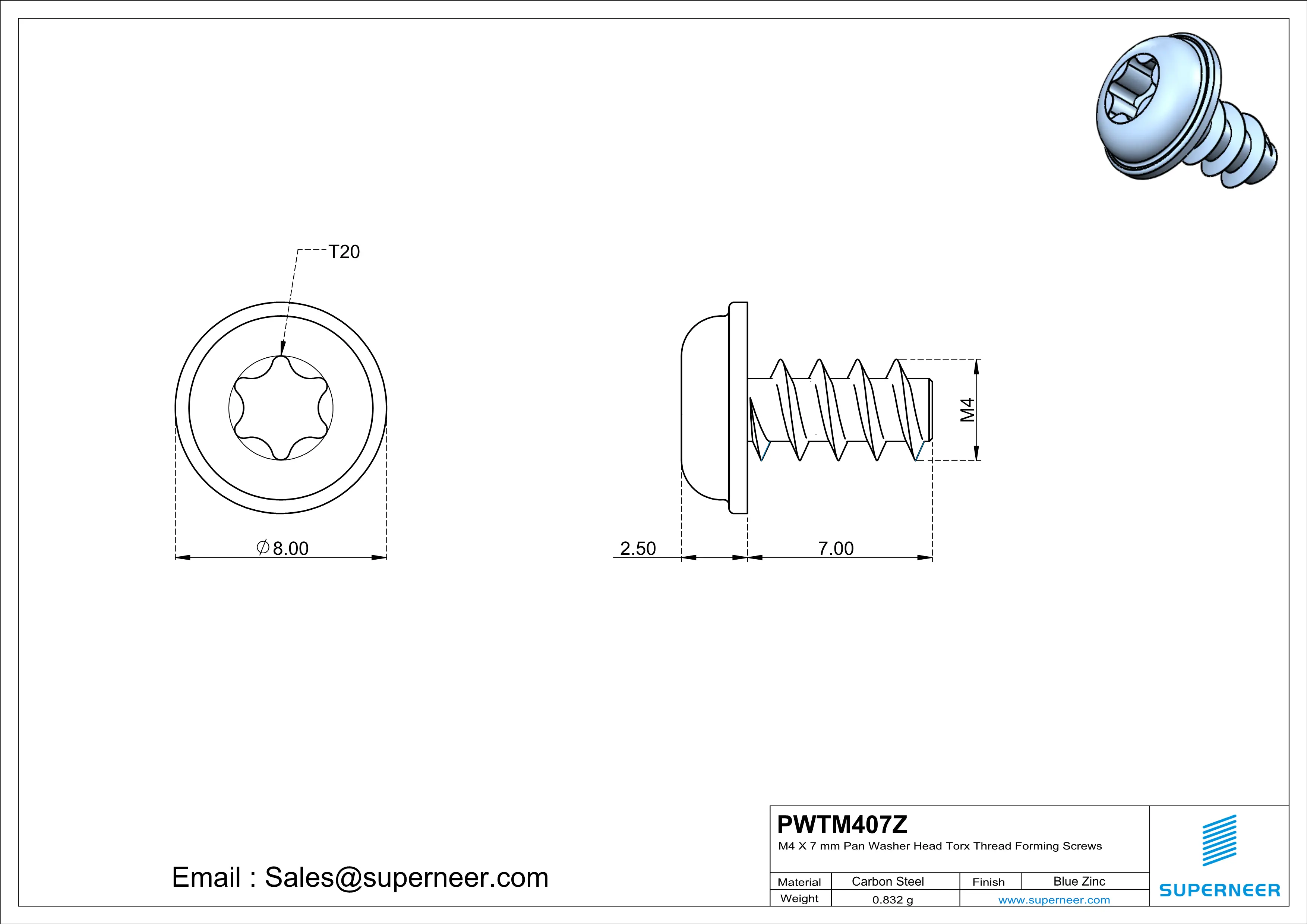 M4 × 7mm  Pan Washer Head Torx Thread Foming Screws for Plastic   Steel Blue Zinc Plated