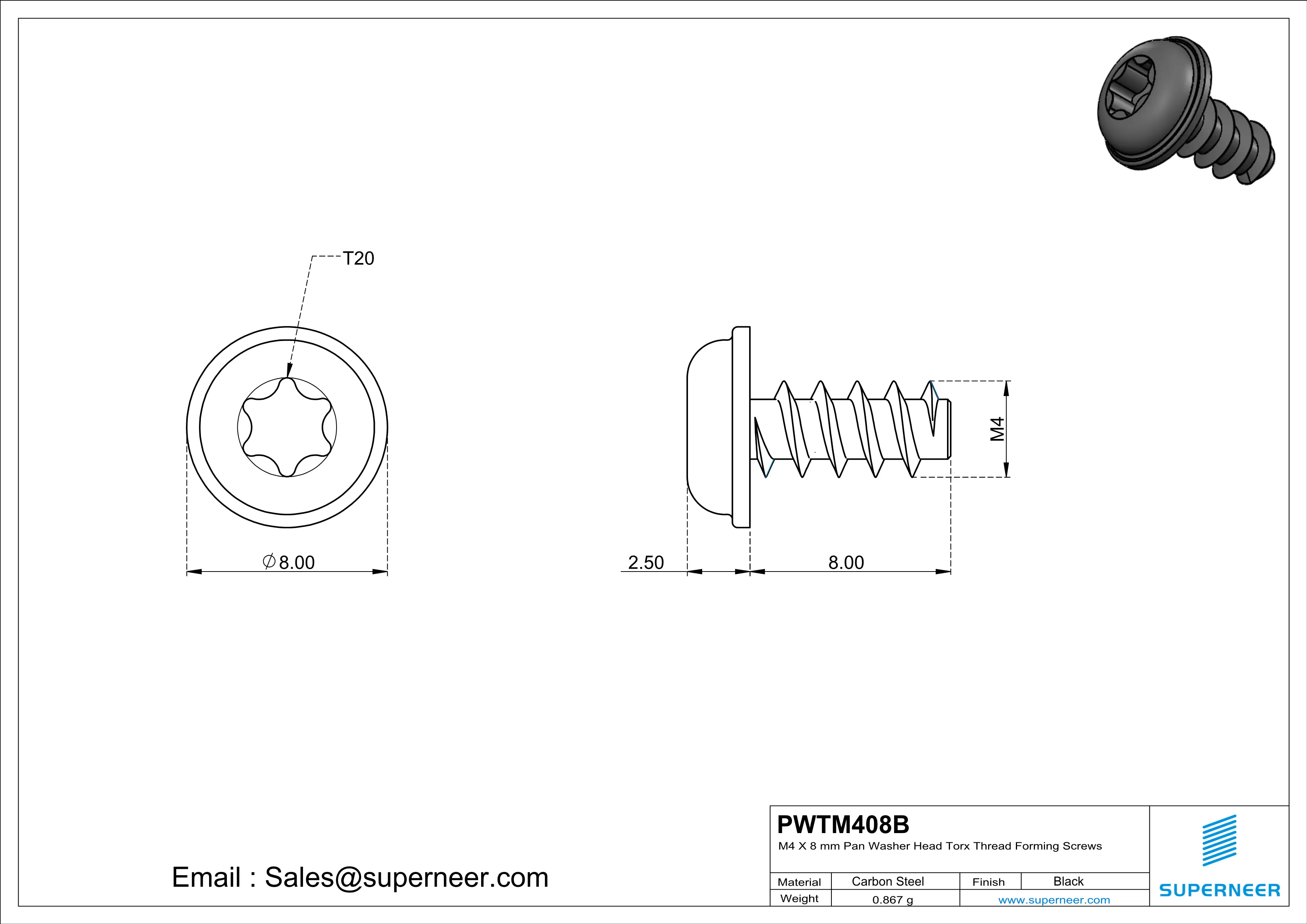 M4 × 8mm  Pan Washer Head Torx Thread Foming Screws for Plastic   Steel Black