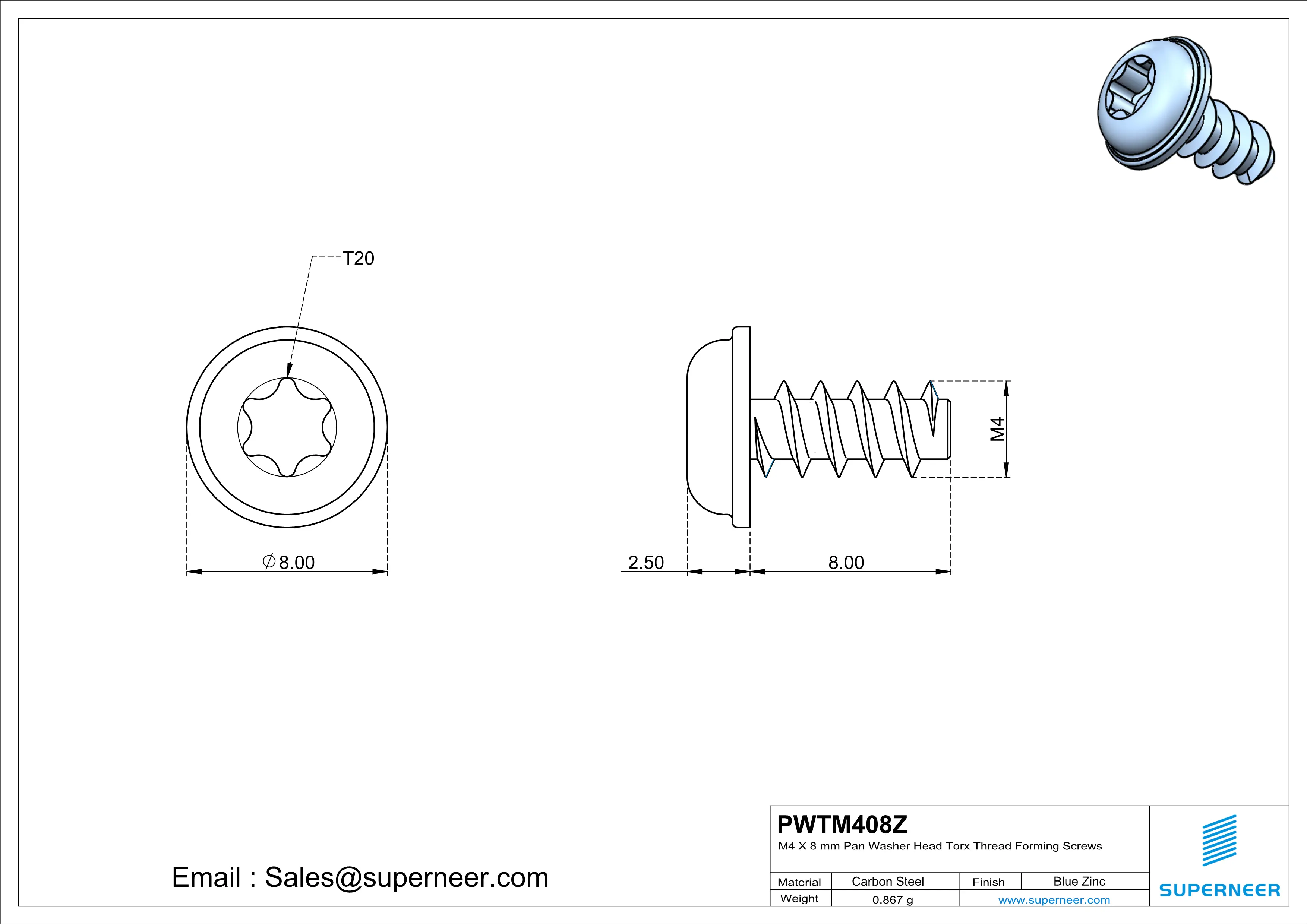 M4 × 8mm  Pan Washer Head Torx Thread Foming Screws for Plastic   Steel Blue Zinc Plated