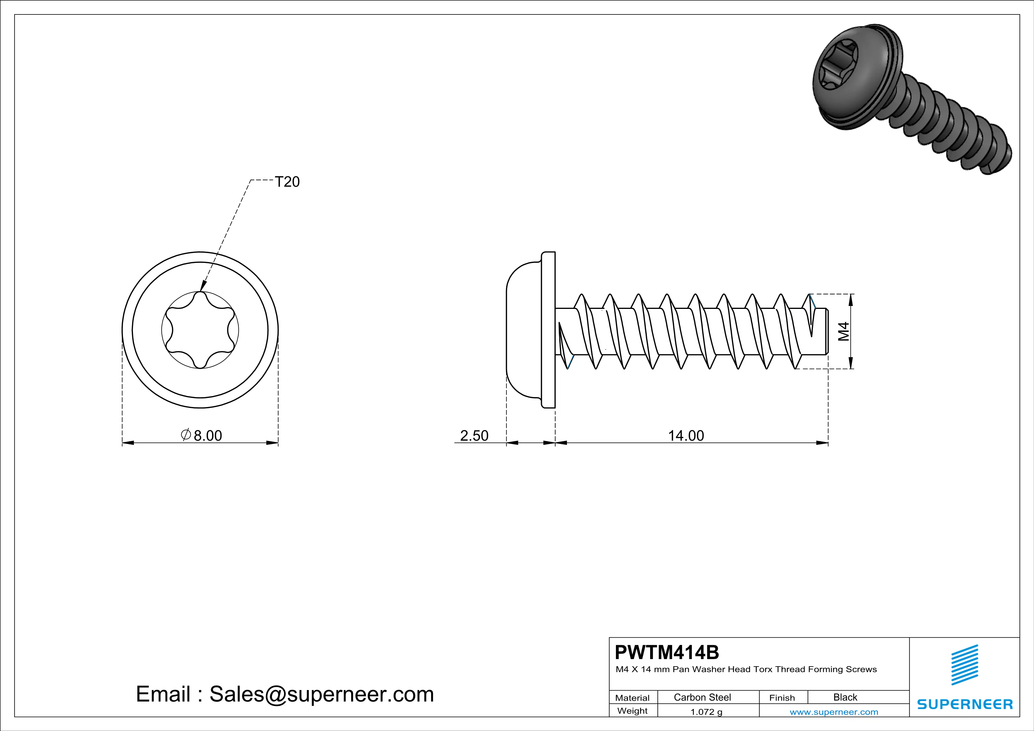 M4 × 14mm  Pan Washer Head Torx Thread Foming Screws for Plastic   Steel Black