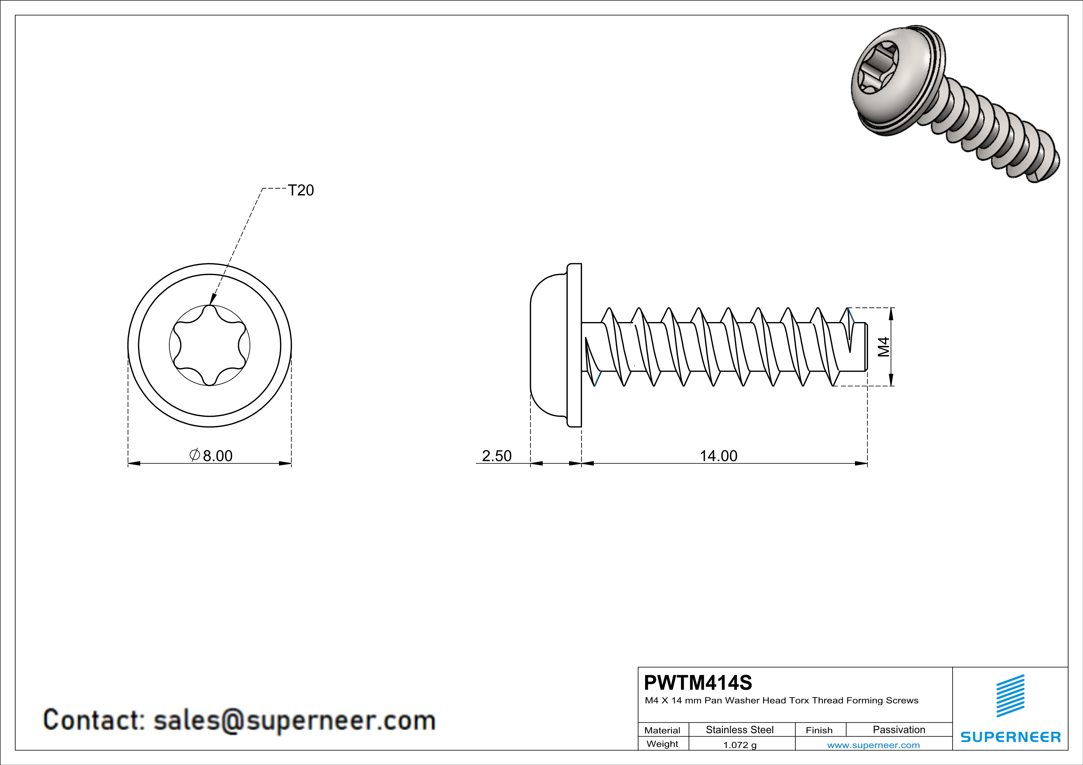 M4 × 14mm  Pan Washer Head Torx Thread Foming Screws for Plastic SUS304 Stainless Steel Inox