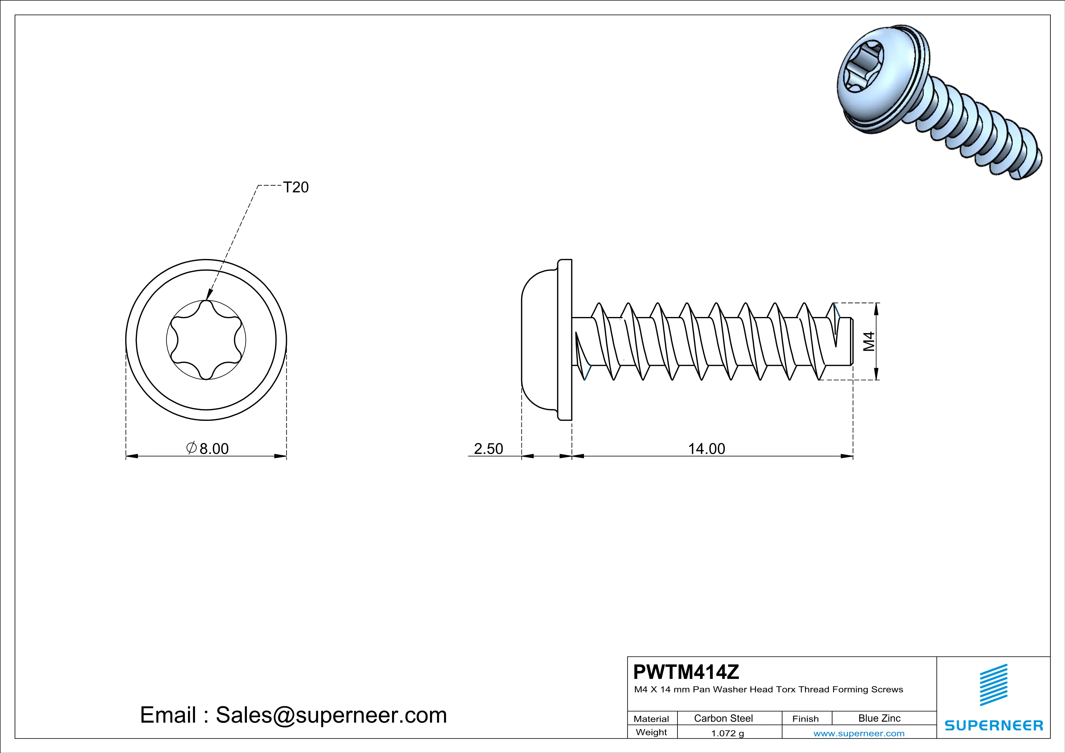 M4 × 14mm  Pan Washer Head Torx Thread Foming Screws for Plastic   Steel Blue Zinc Plated