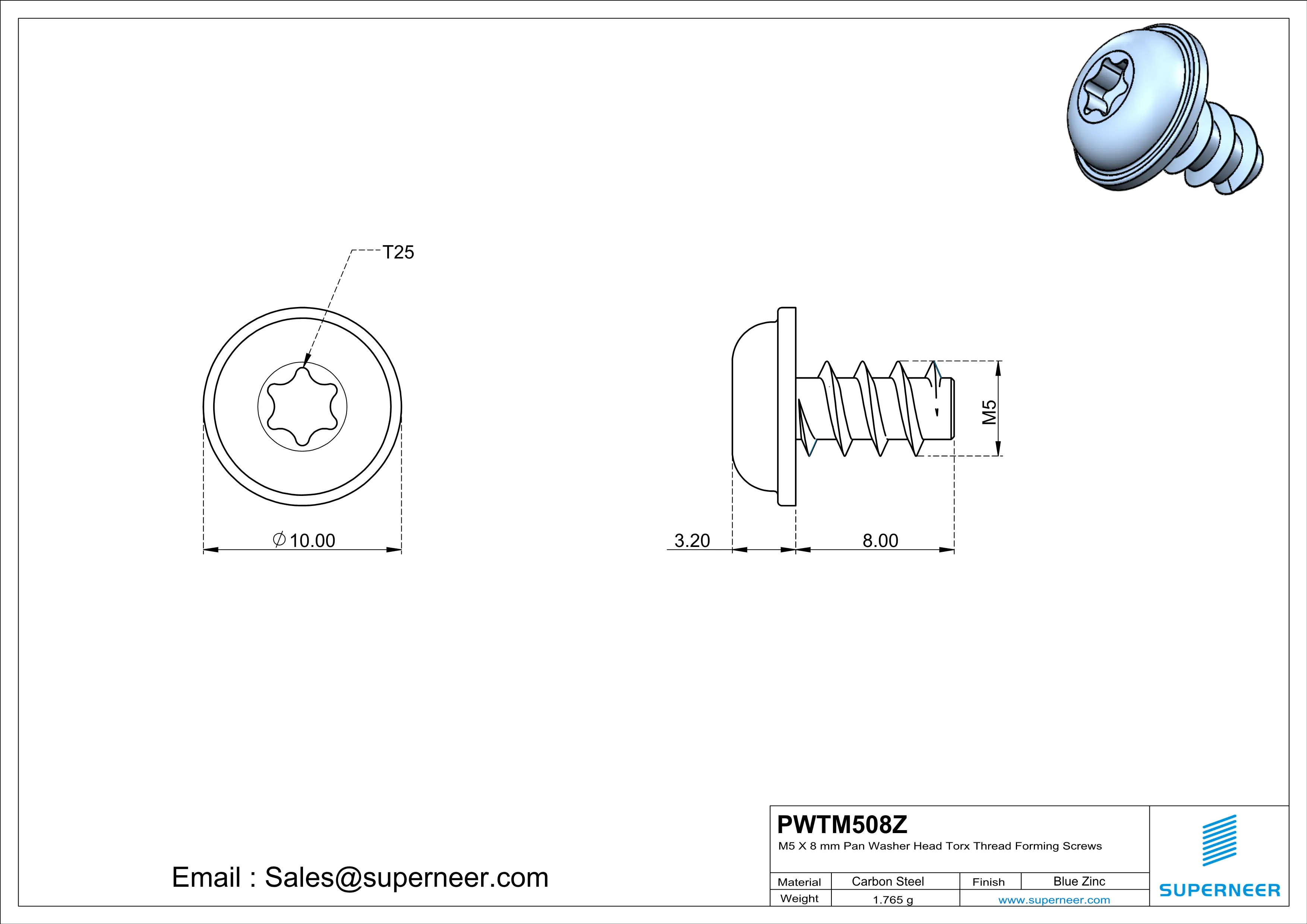 M5 × 8mm  Pan Washer Head Torx Thread Foming Screws for Plastic   Steel Blue Zinc Plated