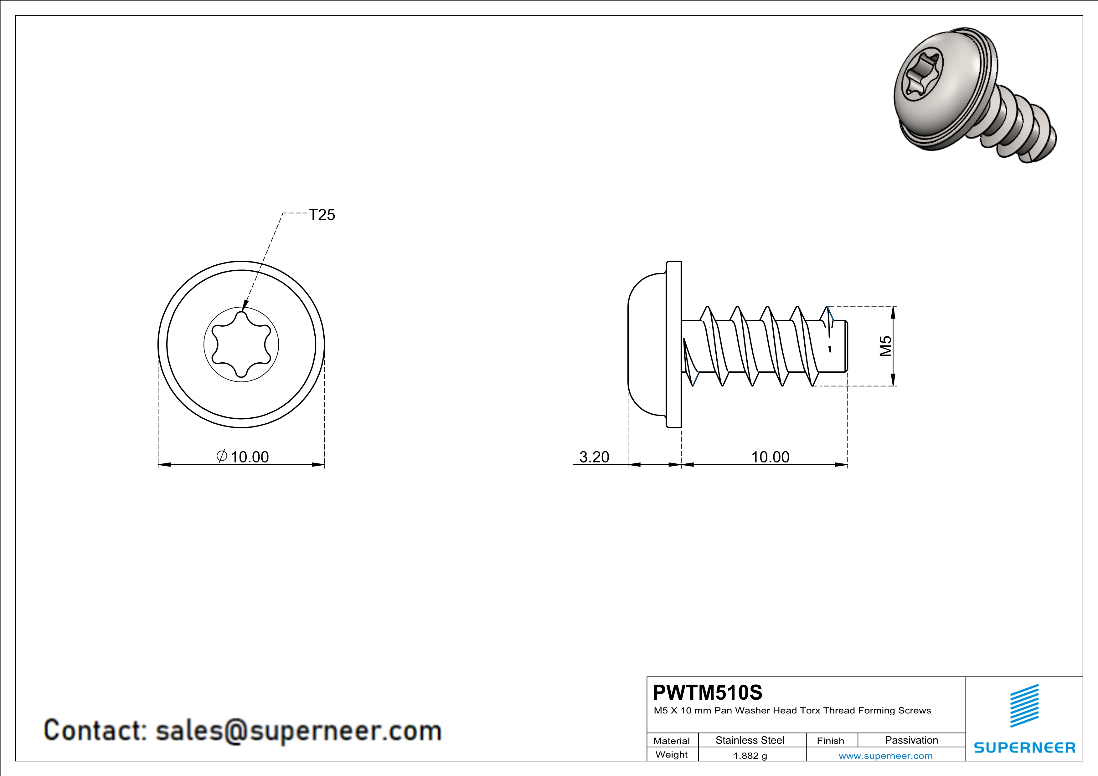 M5 × 10mm  Pan Washer Head Torx Thread Foming Screws for Plastic SUS304 Stainless Steel Inox