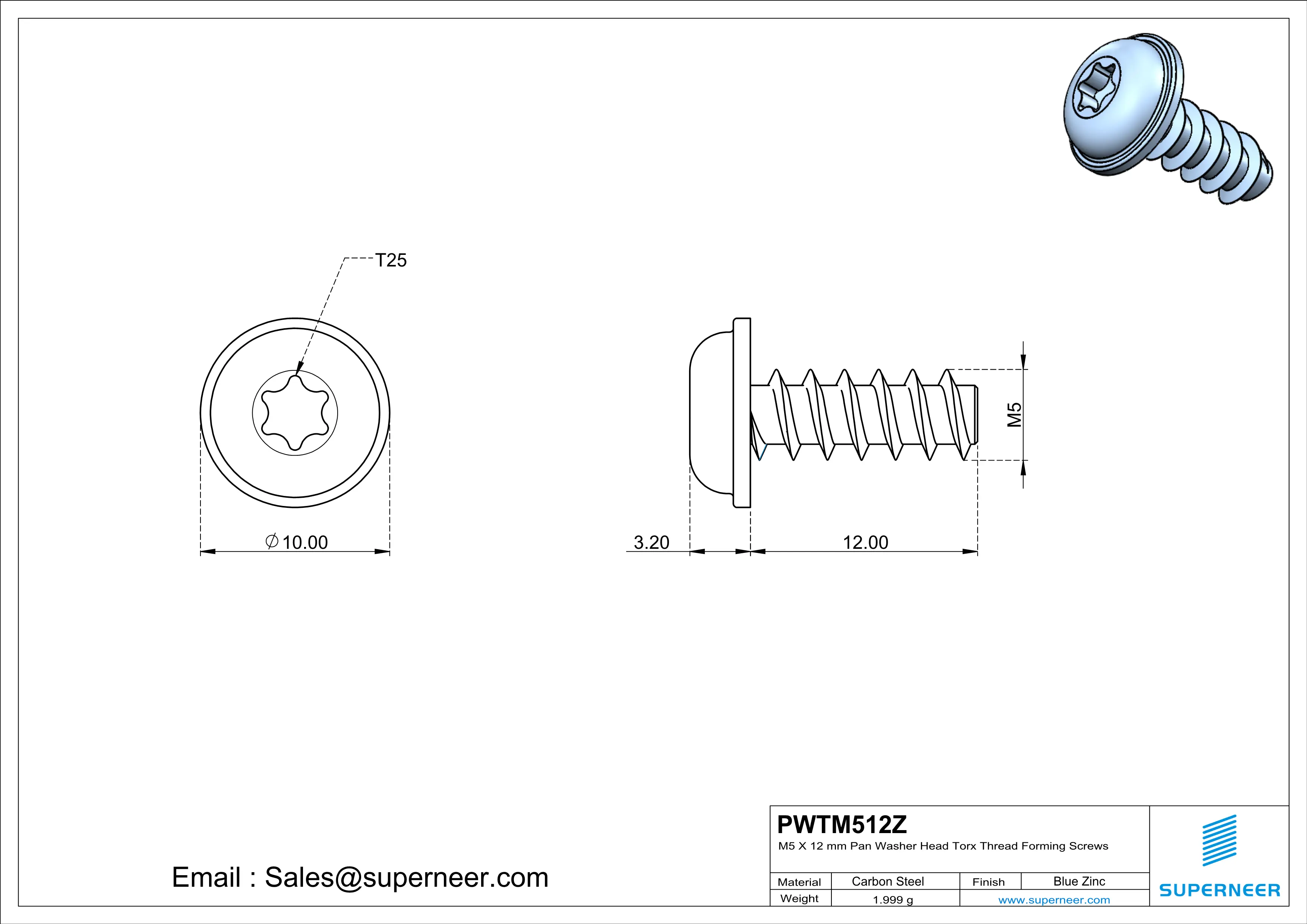 M5 × 12mm  Pan Washer Head Torx Thread Foming Screws for Plastic   Steel Blue Zinc Plated