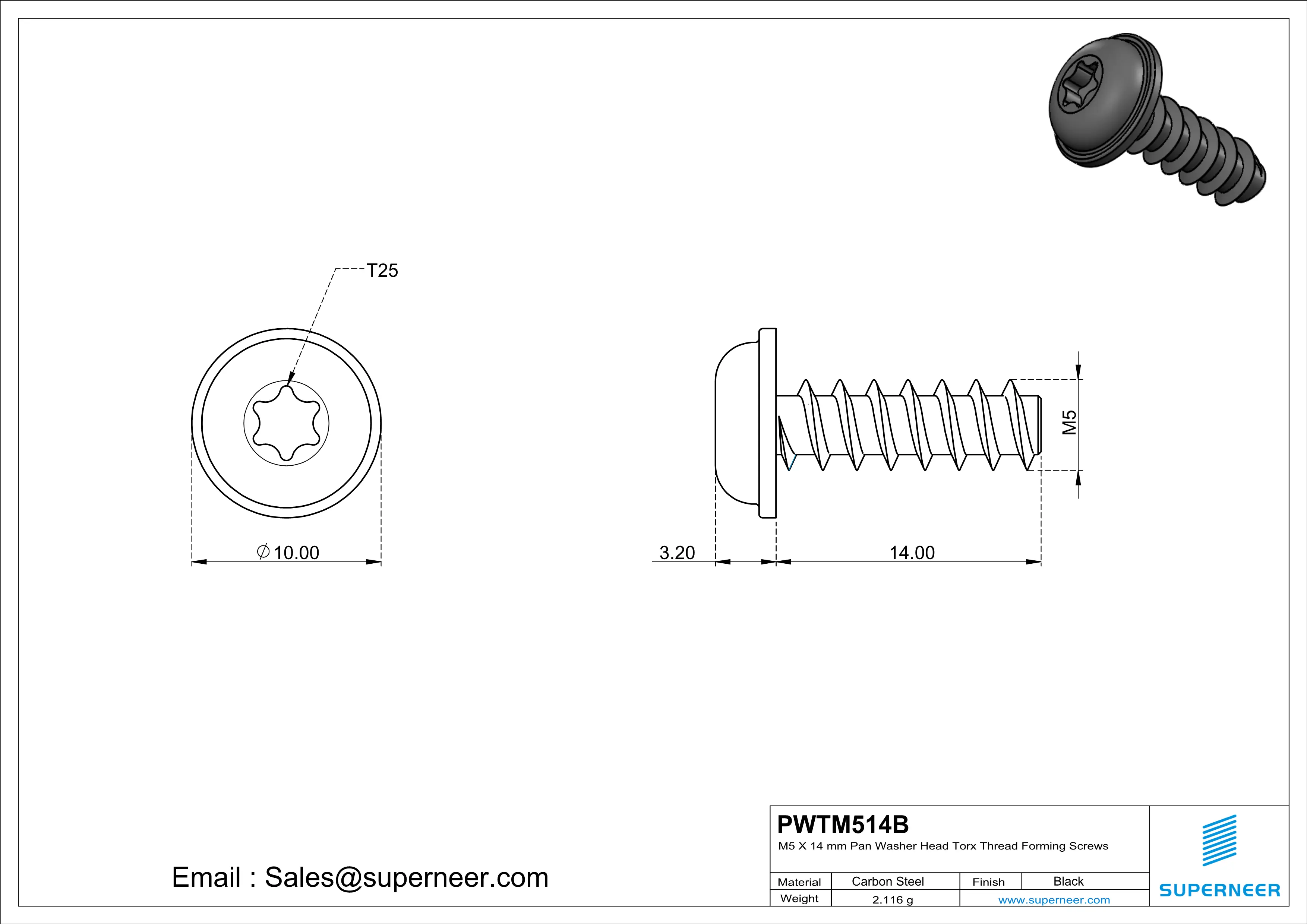 M5 × 14mm  Pan Washer Head Torx Thread Foming Screws for Plastic   Steel Black