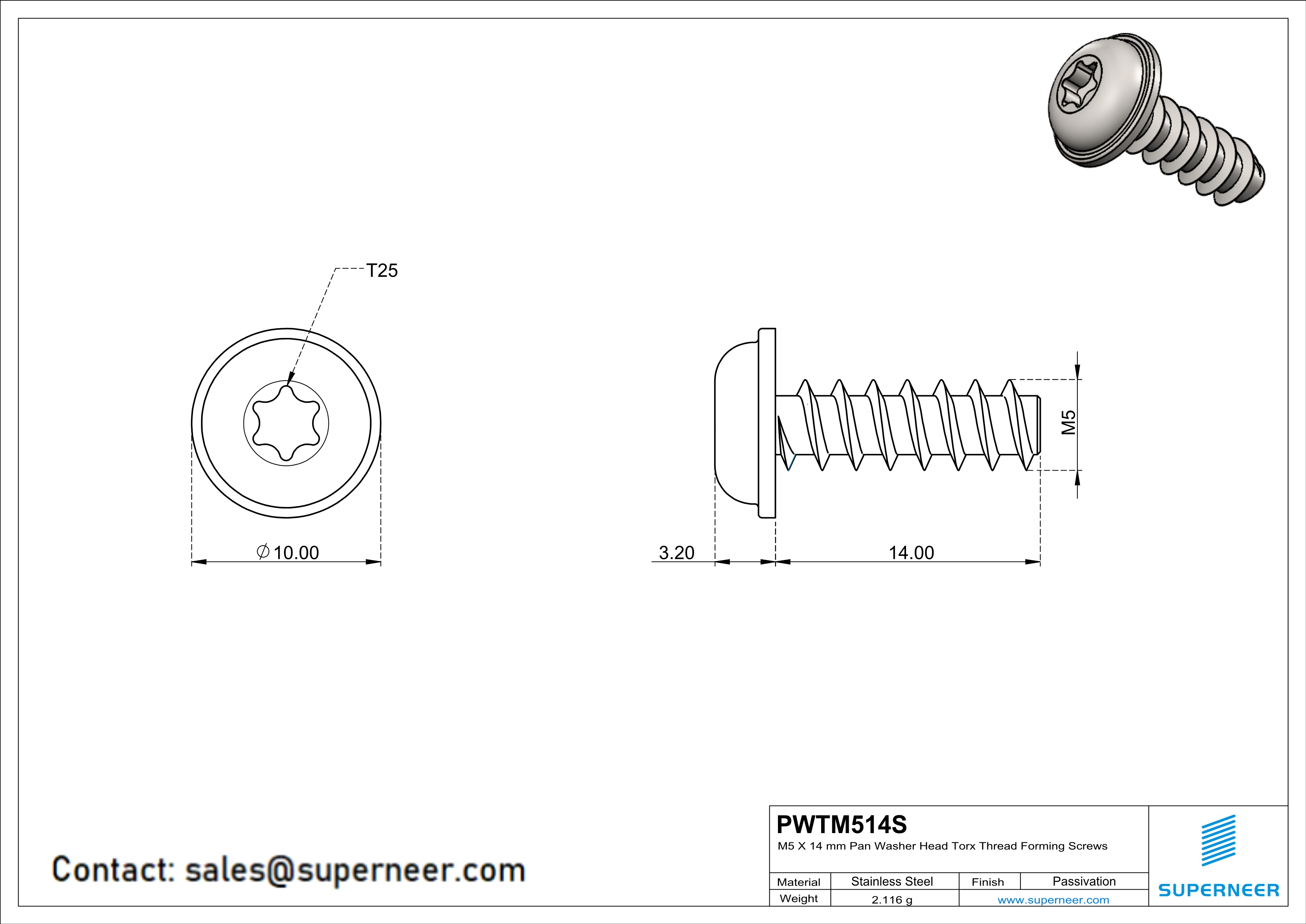 M5 × 14mm  Pan Washer Head Torx Thread Foming Screws for Plastic SUS304 Stainless Steel Inox