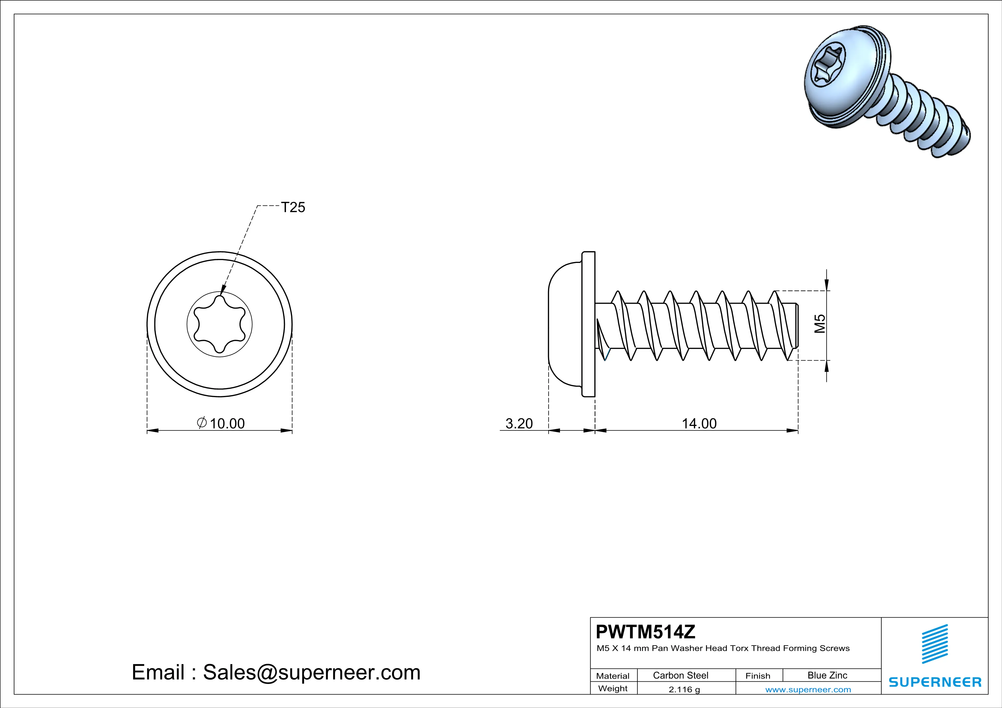 M5 × 14mm  Pan Washer Head Torx Thread Foming Screws for Plastic   Steel Blue Zinc Plated