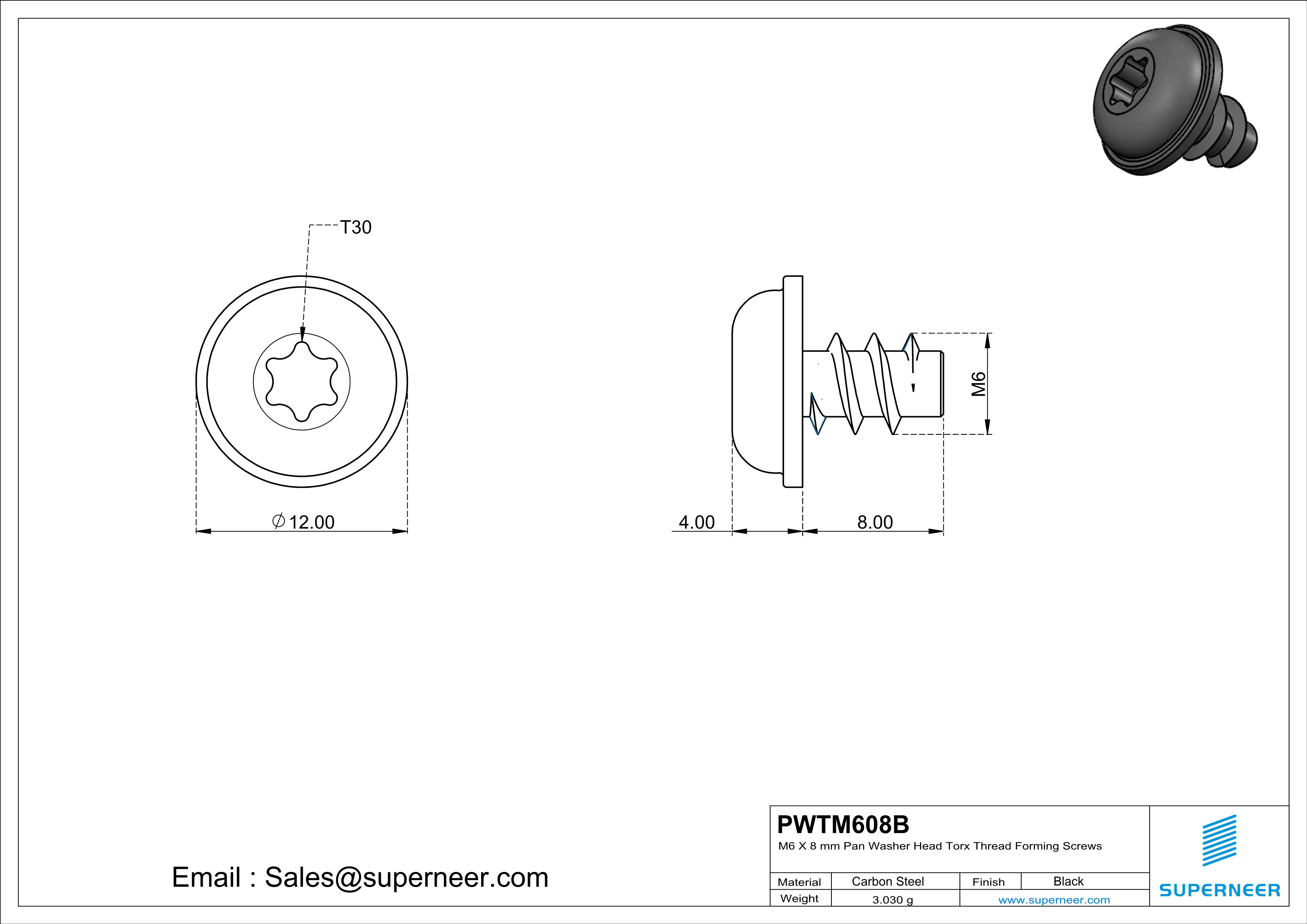 M6 × 8mm  Pan Washer Head Torx Thread Foming Screws for Plastic   Steel Black