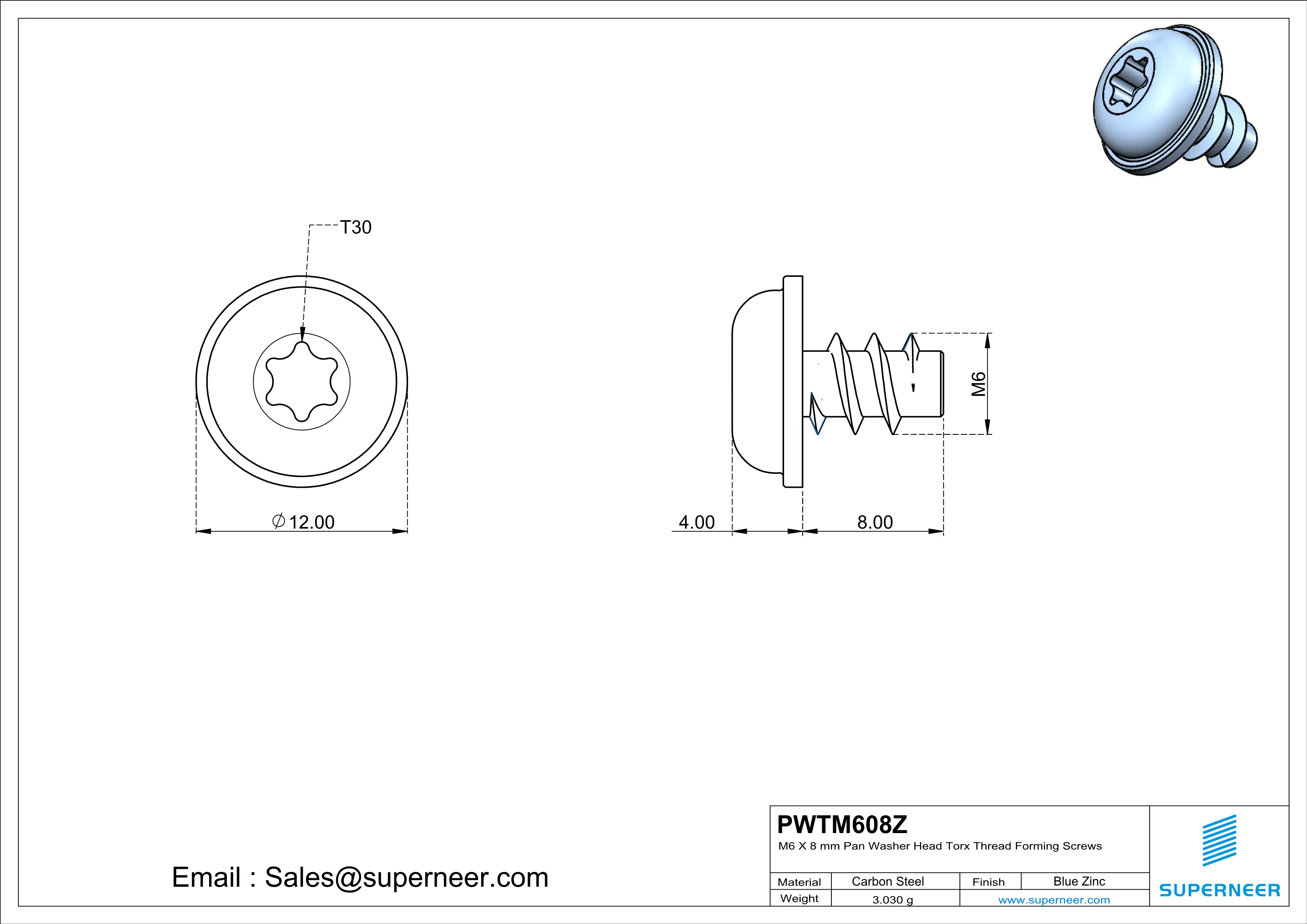 M6 × 8mm  Pan Washer Head Torx Thread Foming Screws for Plastic   Steel Blue Zinc Plated