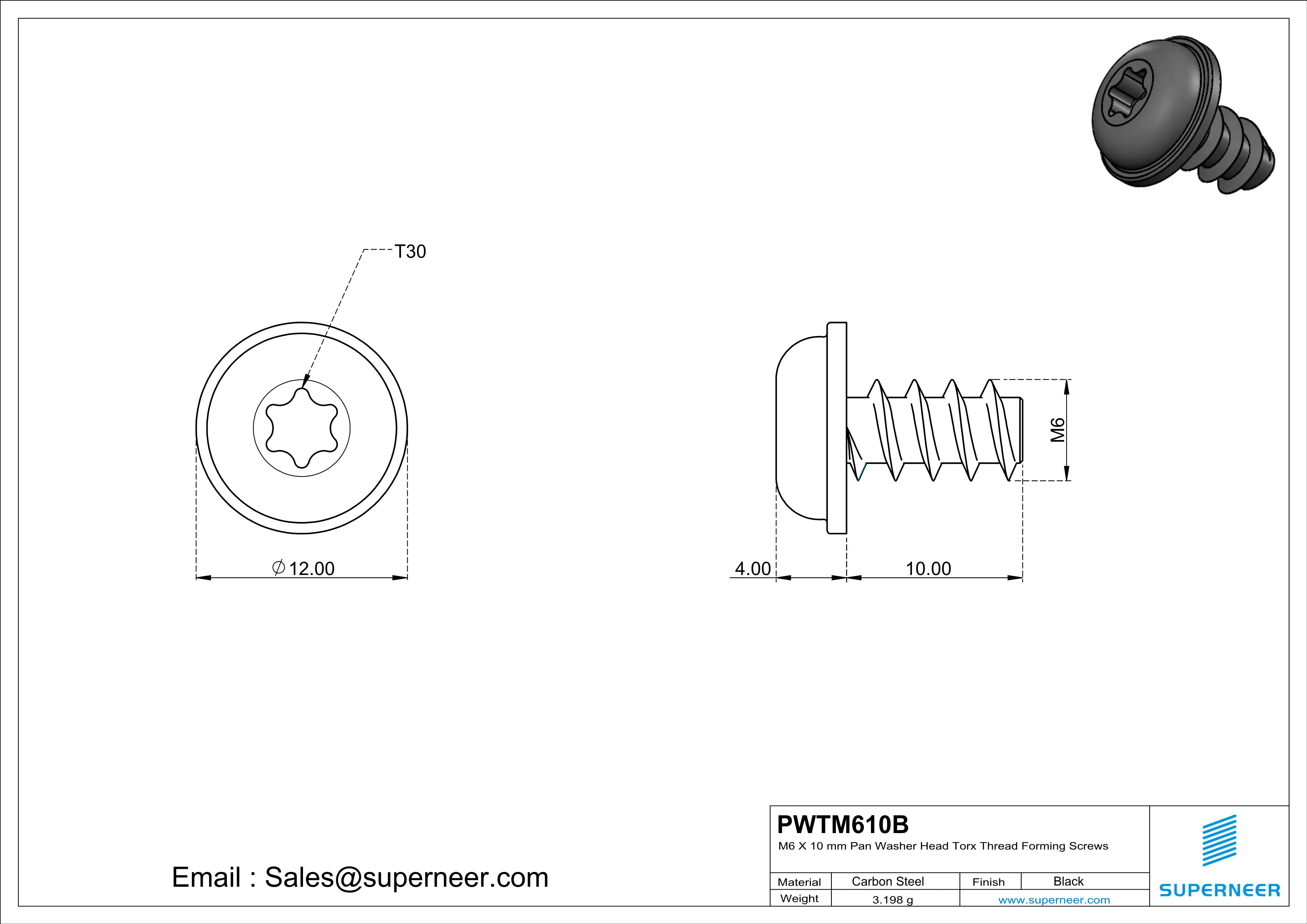 M6 × 10mm  Pan Washer Head Torx Thread Foming Screws for Plastic   Steel Black