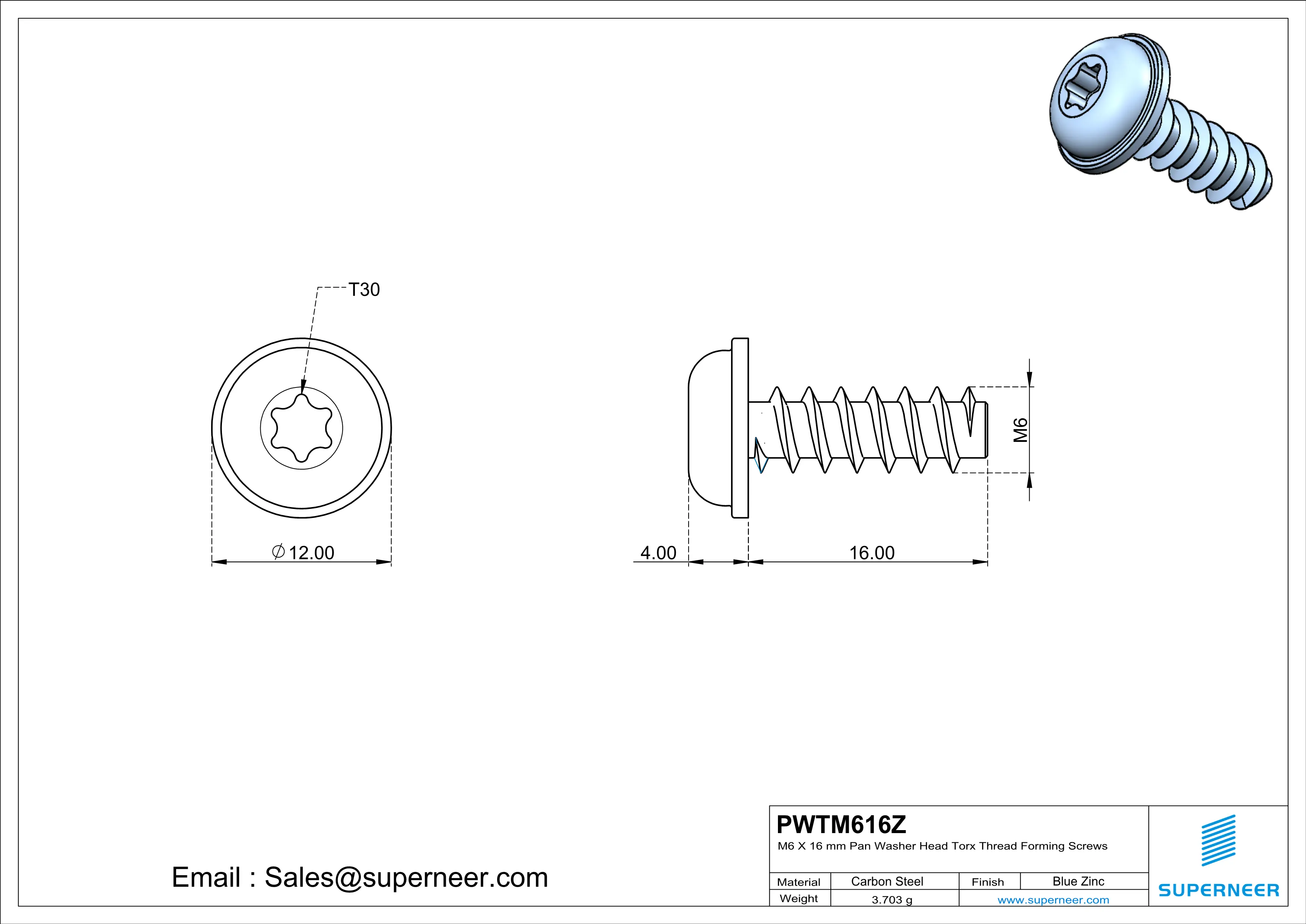 M6 × 16mm  Pan Washer Head Torx Thread Foming Screws for Plastic   Steel Blue Zinc Plated