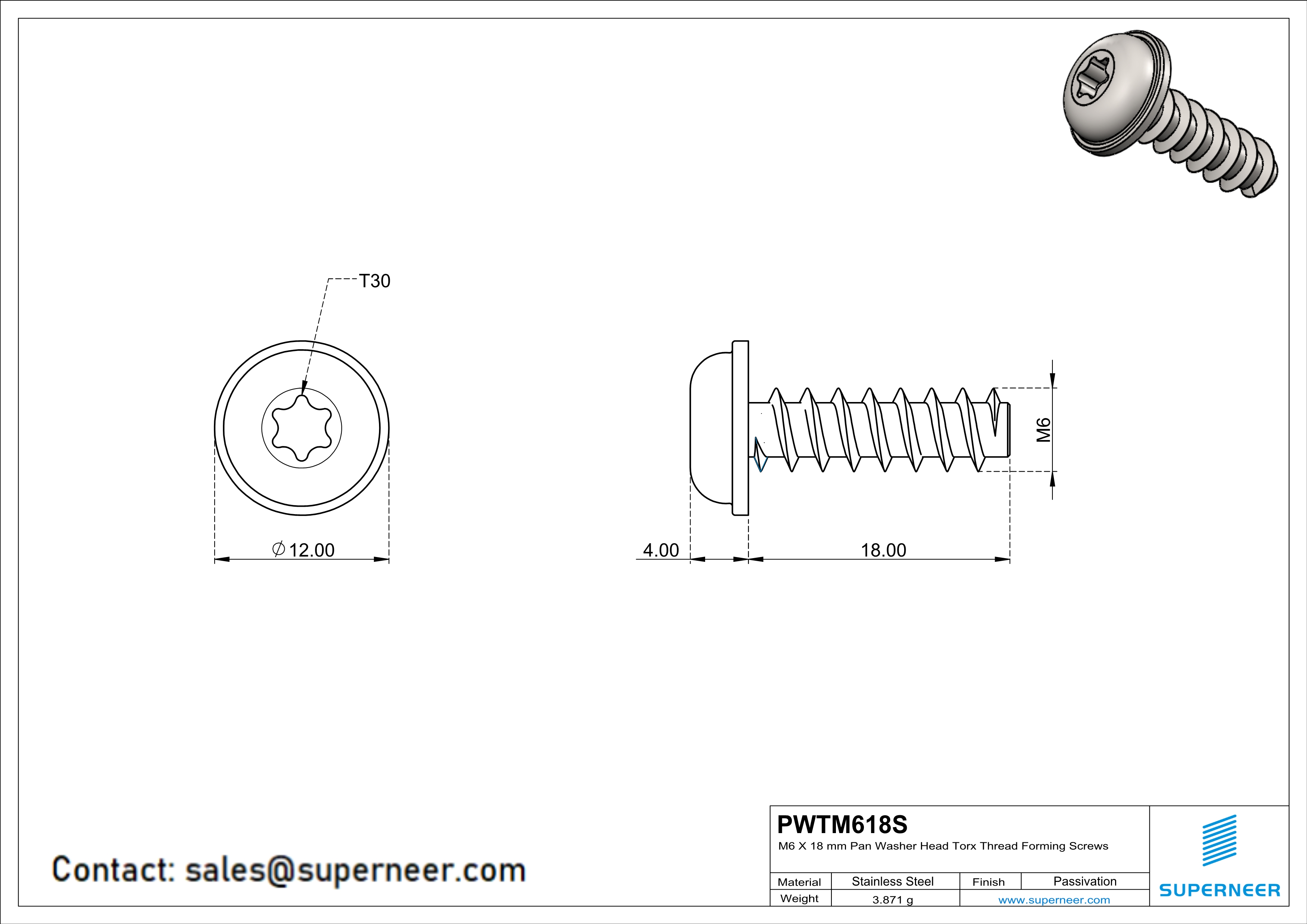 M6 × 18mm  Pan Washer Head Torx Thread Foming Screws for Plastic SUS304 Stainless Steel Inox