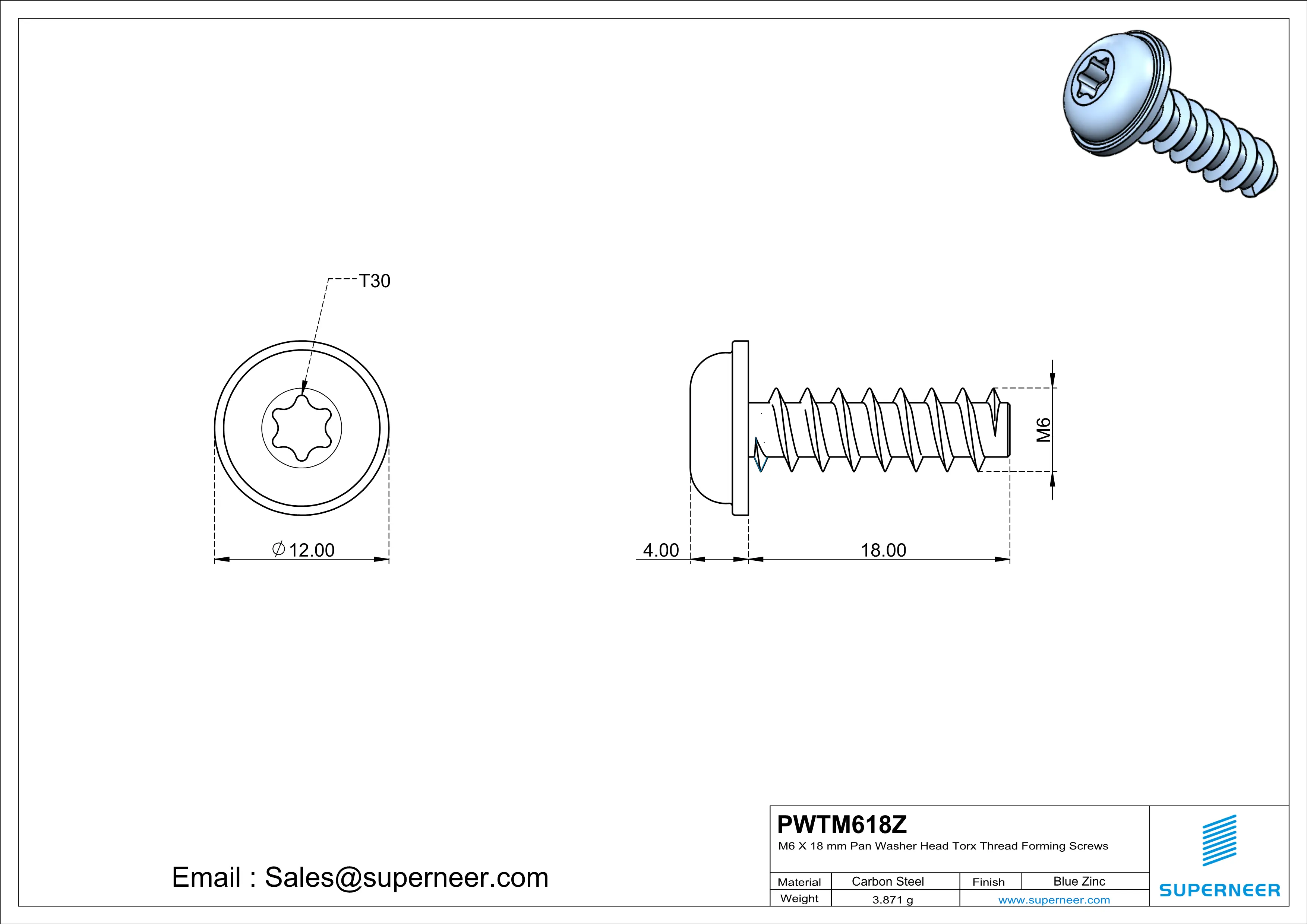 M6 × 18mm  Pan Washer Head Torx Thread Foming Screws for Plastic   Steel Blue Zinc Plated