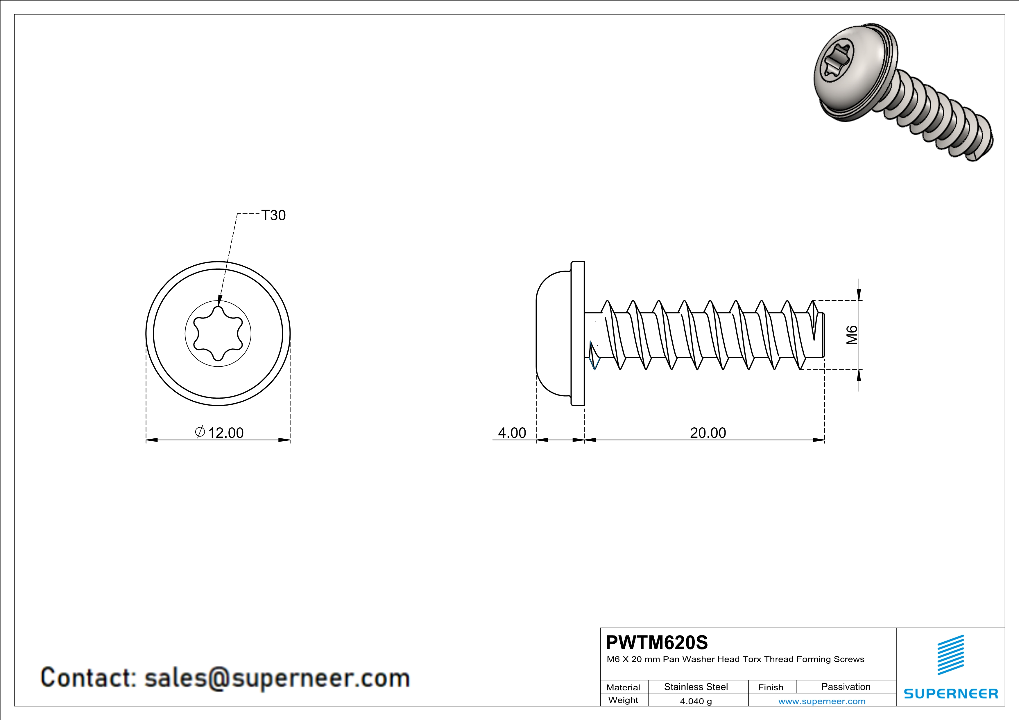 M6 × 20mm  Pan Washer Head Torx Thread Foming Screws for Plastic SUS304 Stainless Steel Inox