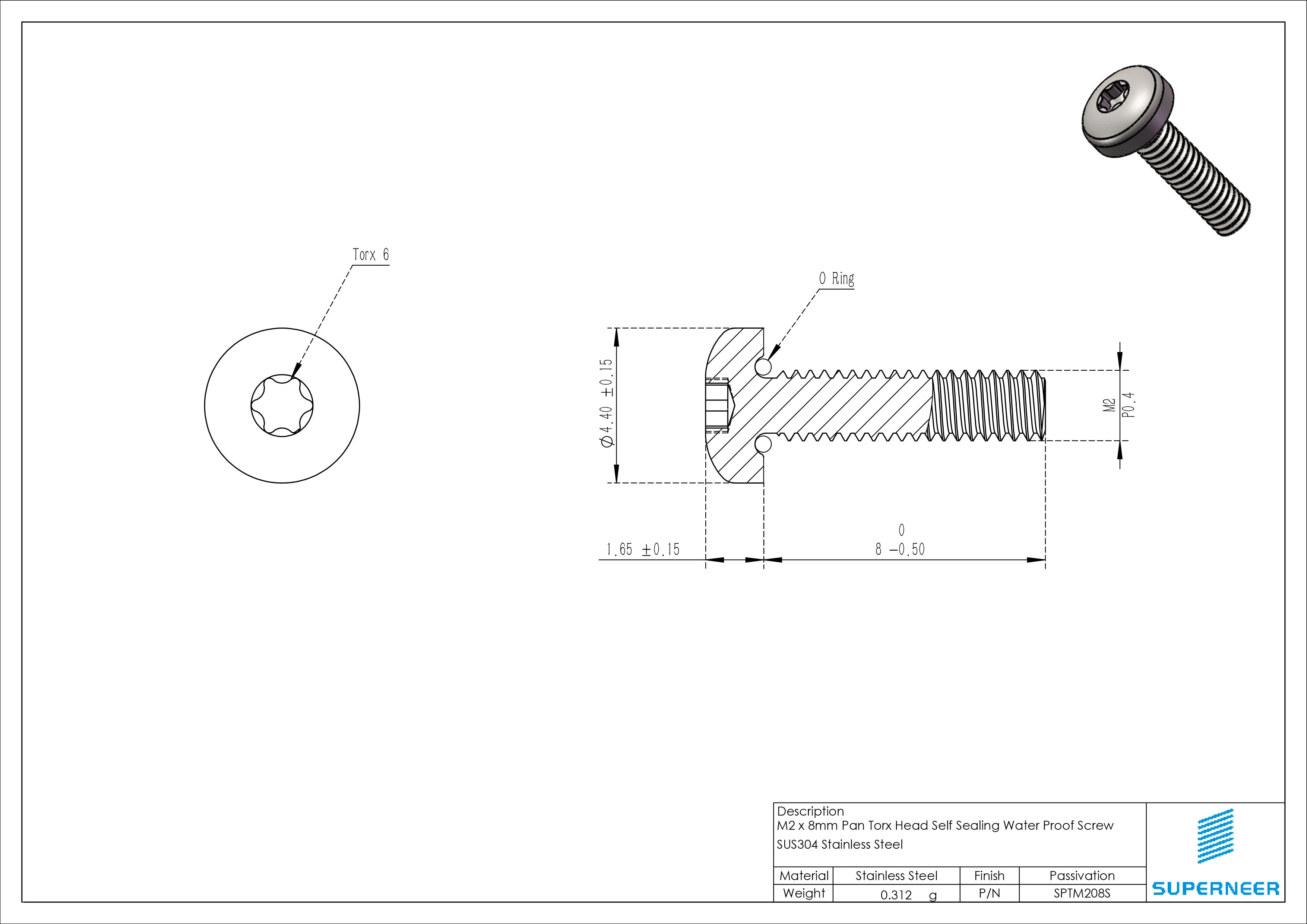 M2 x 8 mm Self Sealing Screw Pan Torx Head  SUS304 Stainless Steel Waterproof Screws