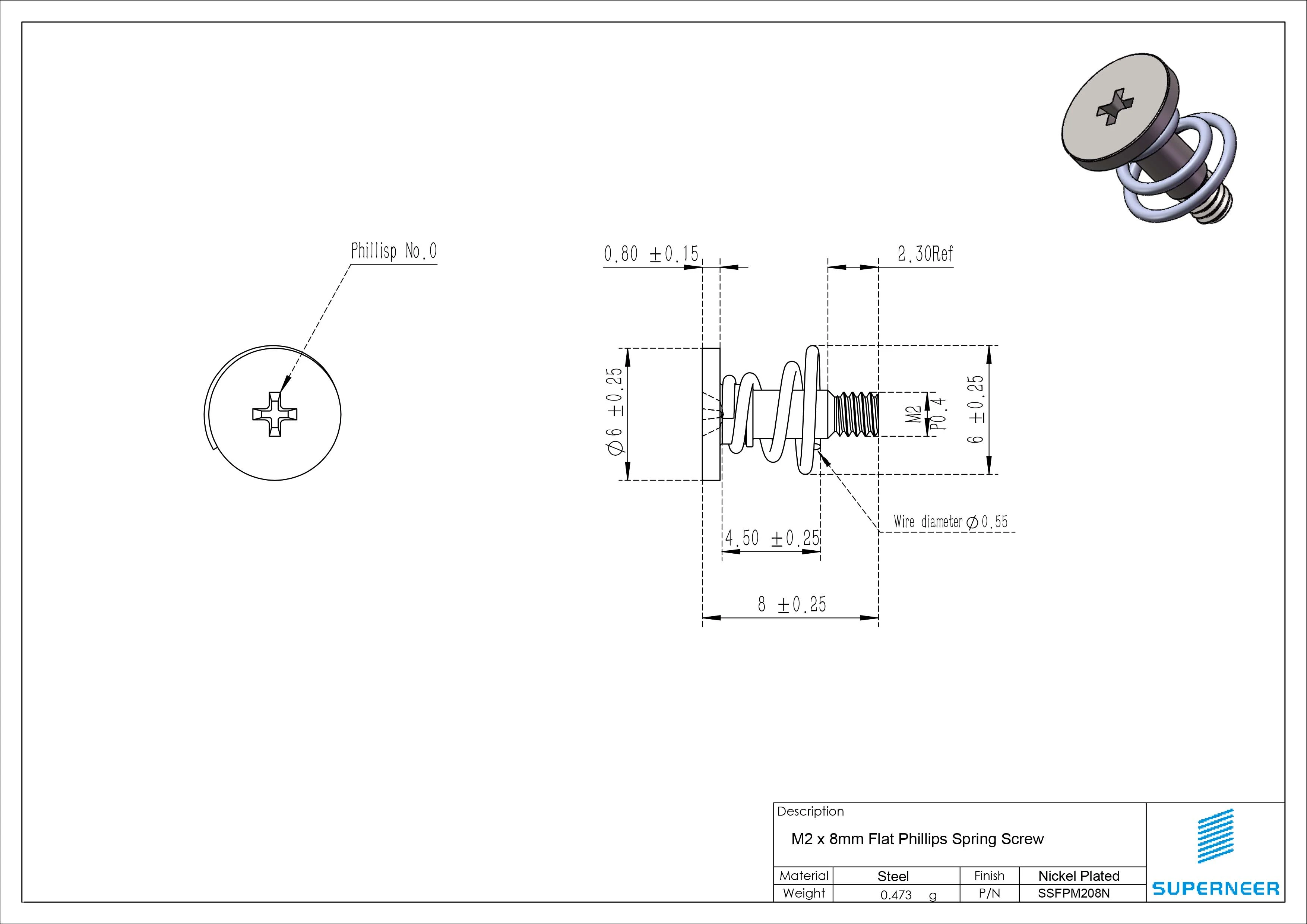 M2 X 8mm Spring Screw Steel Nickel 