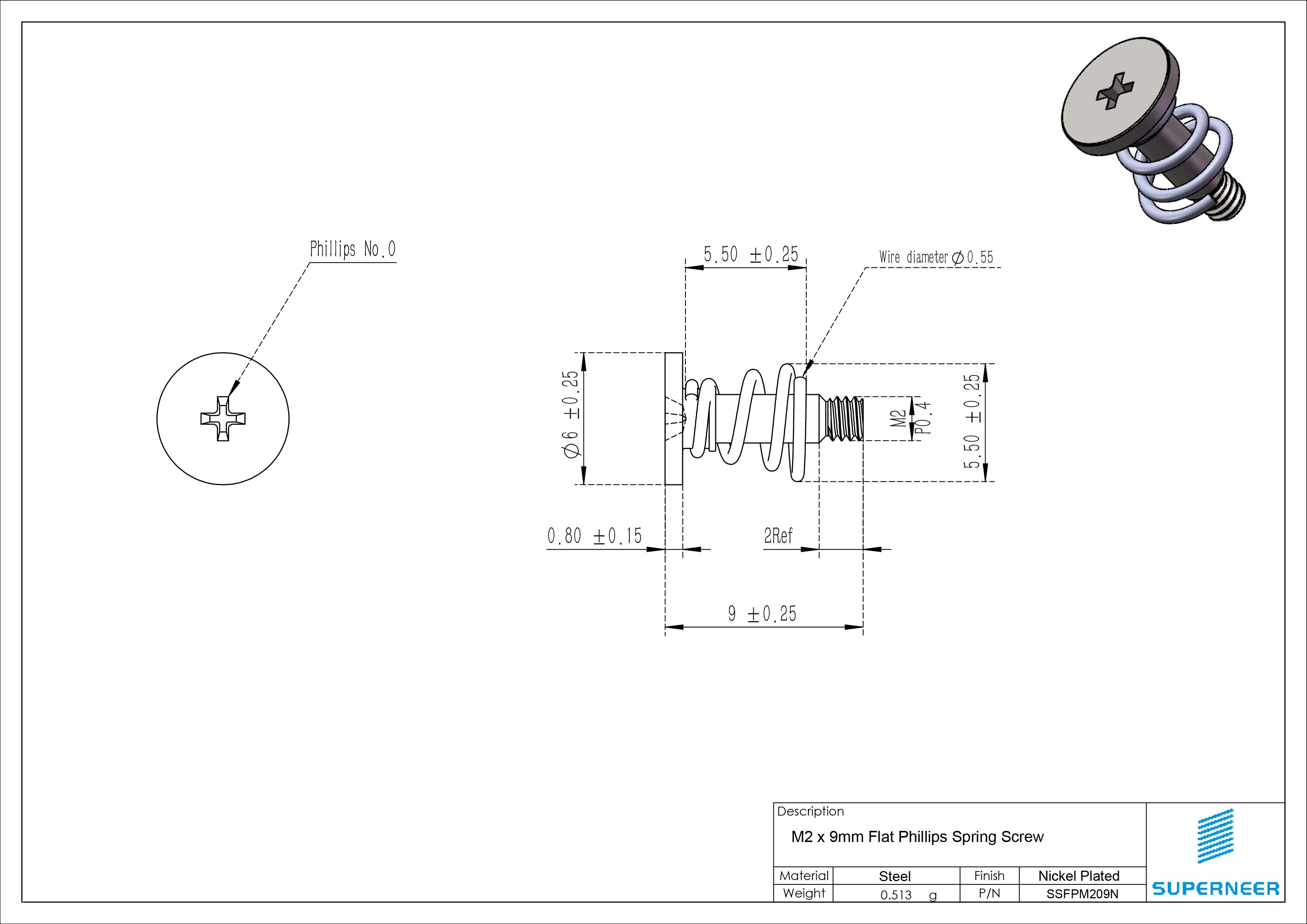 M2 x 9mm Flat Phillips Spring Screw Steel Nickel Plated