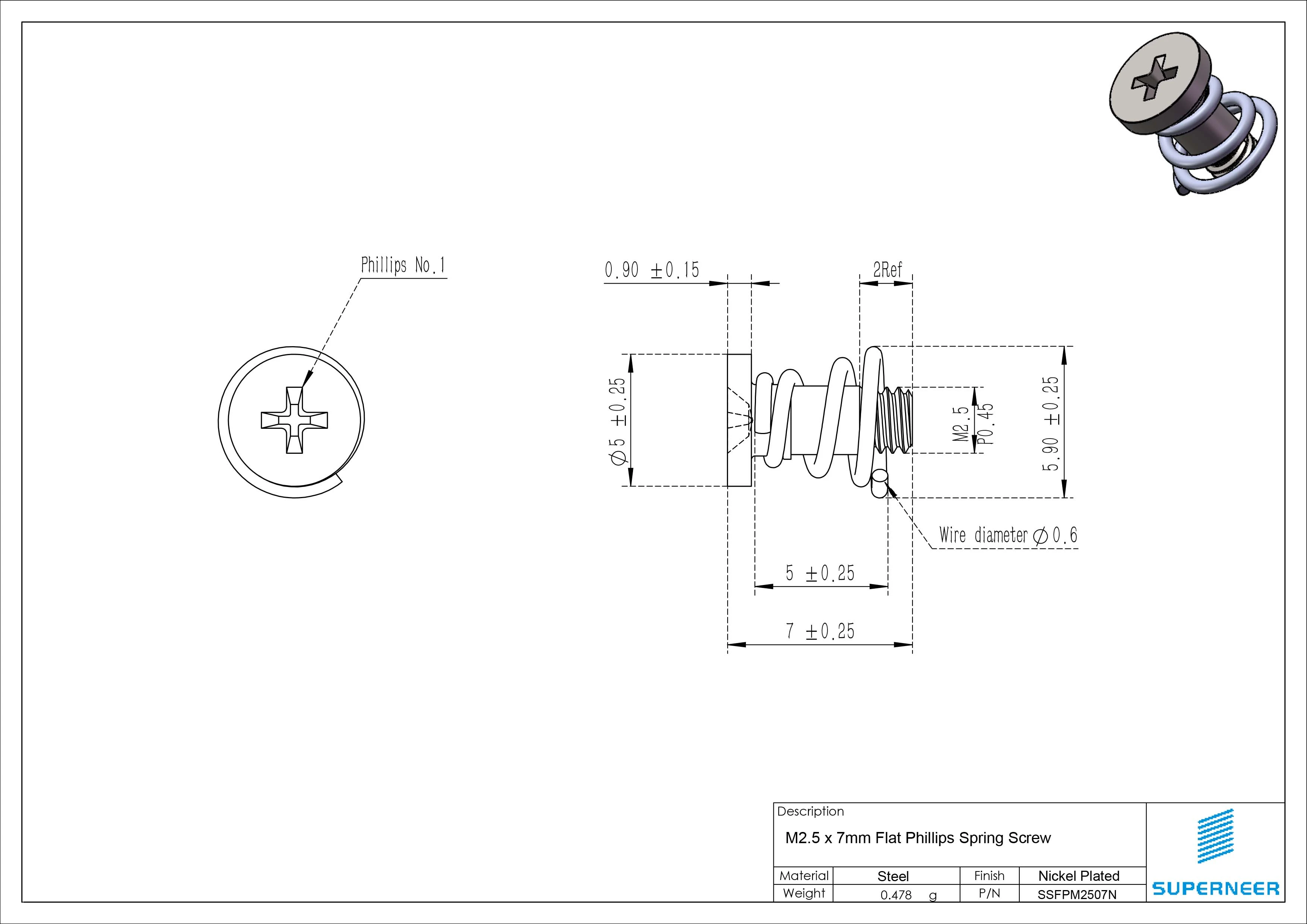 M2.5 x 7mm Flat Phillips Spring Screw Steel Nickel Plated