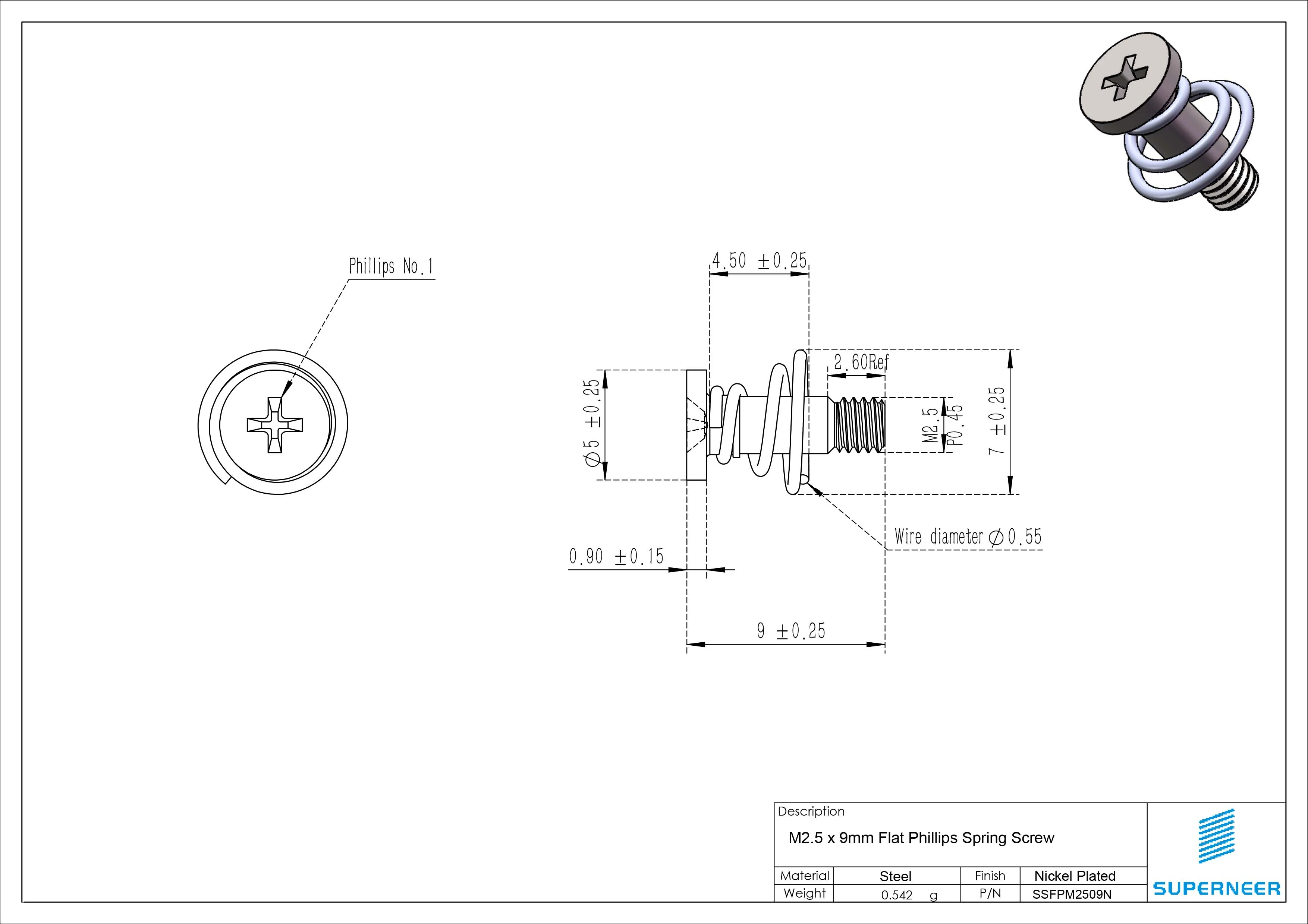 M2.5 x 9mm Flat Phillips Spring Screw Steel Nickel Plated